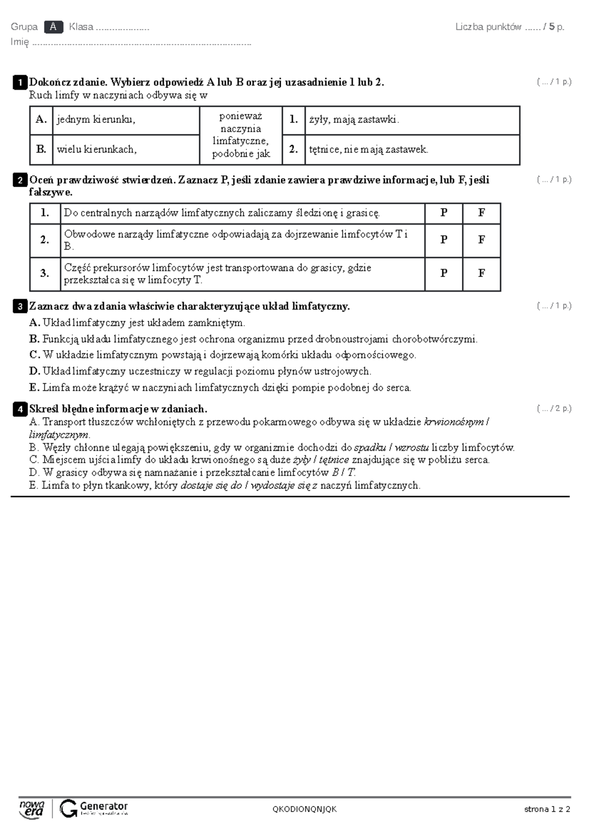 Limfa Test – Ekowydruk - Polecam - QKODIONQNJQK Strona 1 Z 2 Grupa A ...