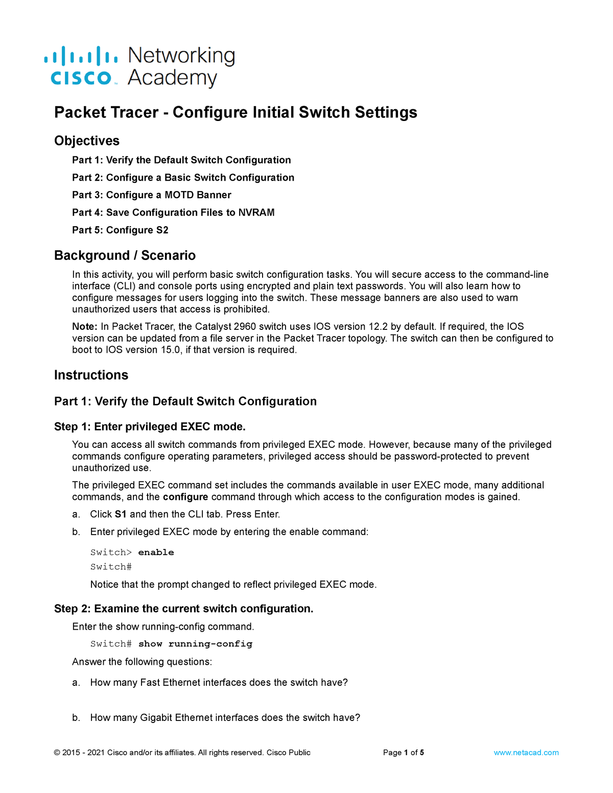 2.5.5 Packet Tracer - Configure Initial Switch Settings - Objectives ...