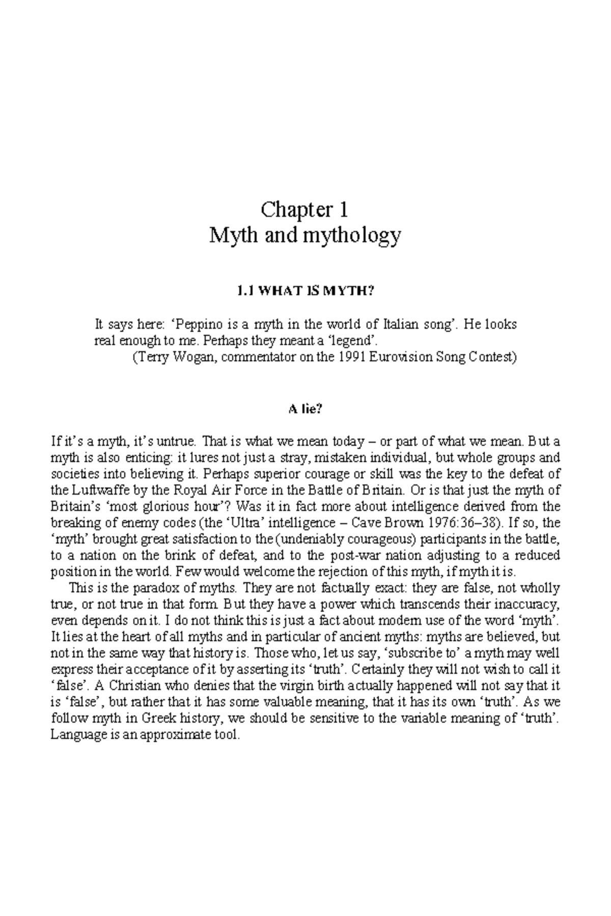 10 - Mythology readings - Chapter 1 Myth and mythology 1 WHAT IS MYTH ...