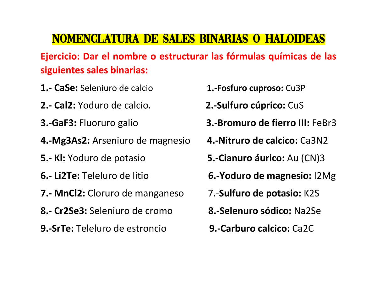 auge radiador Integración Quimica-Karol Sanchez - Nomenclatura de Sales Binarias o Haloideas  Ejercicio: Dar el nombre o - Studocu