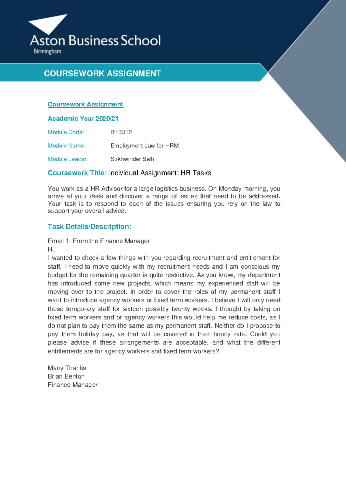 Coursework BH3312 EE comments 2021 - Coursework Assignment Academic ...