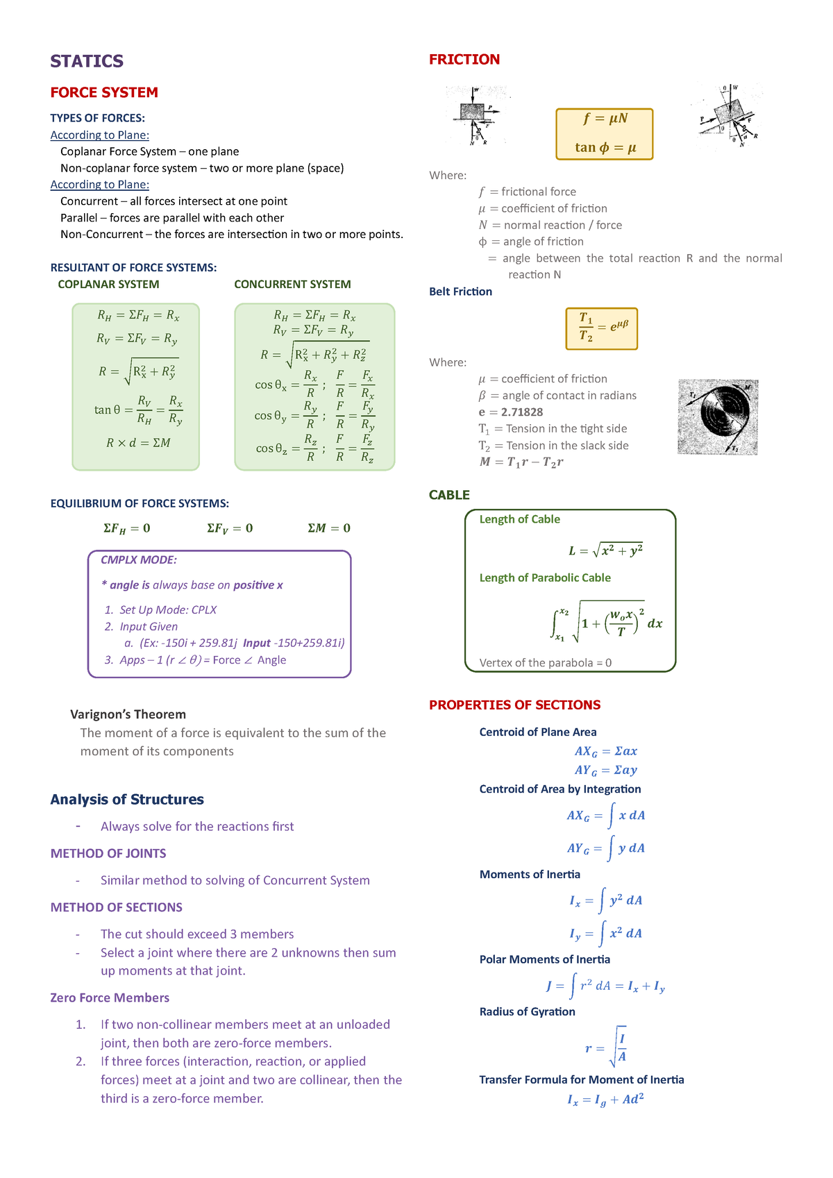 Statics Mechanics Fomula Notes - Civil Engineering - PUP - Studocu