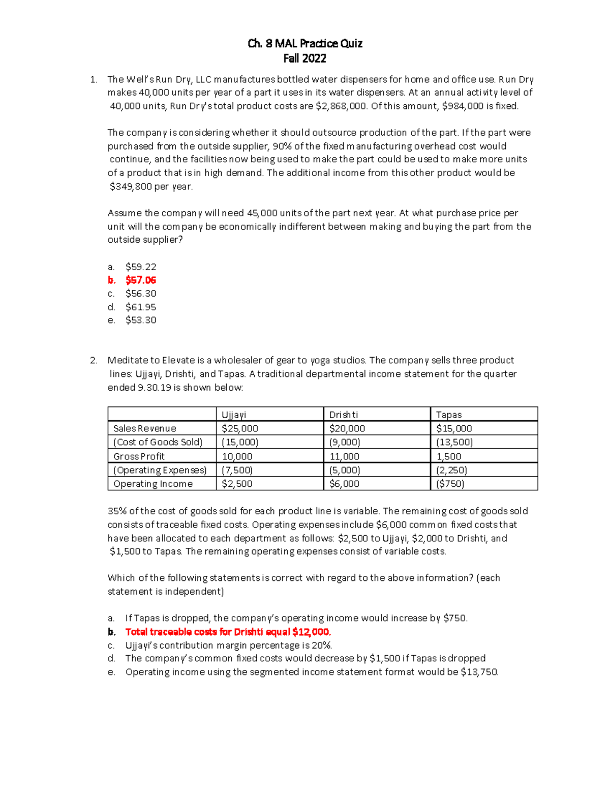 Ch. 8 MAL Practice Quiz Solutions Ch. 8 MAL Practice Quiz Fall 2 022