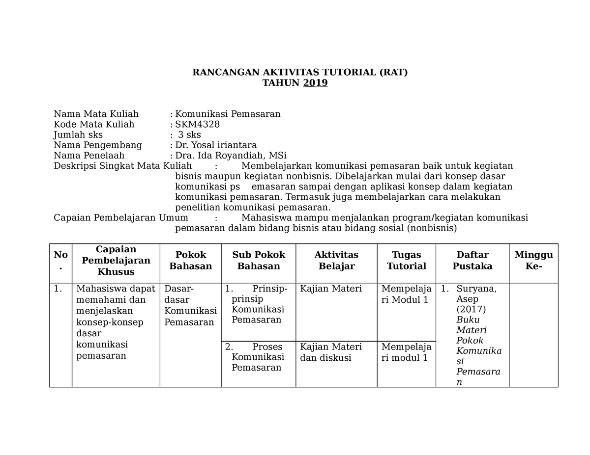 RAT Komunikasi Pemasaran - RANCANGAN AKTIVITAS TUTORIAL (RAT) TAHUN ...