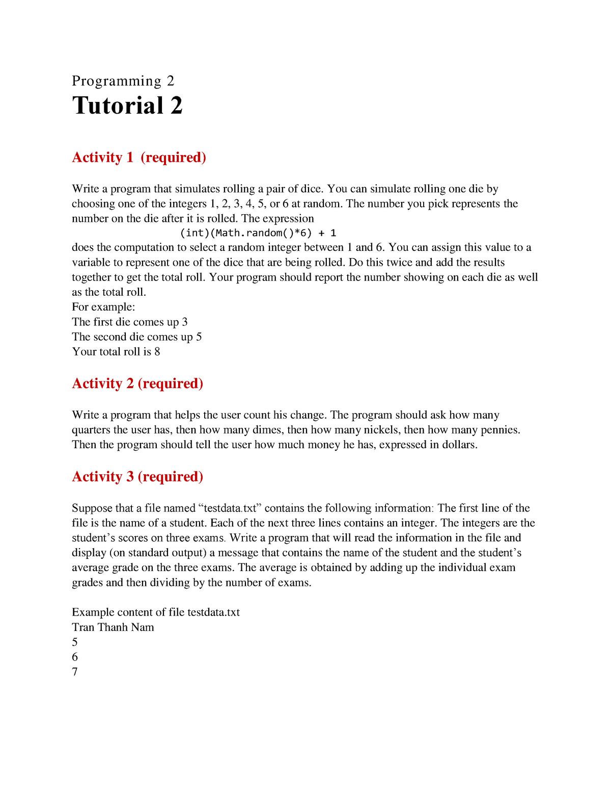 Tut 2 - Tutorial for - Programming 2 Tutorial 2 Activity 1 (required ...