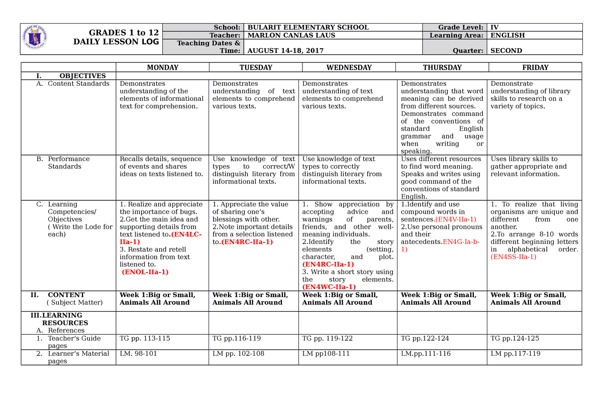 DLL English 4 Q2 W1 - DLL - GRADES 1 To 12 DAILY LESSON LOG School ...