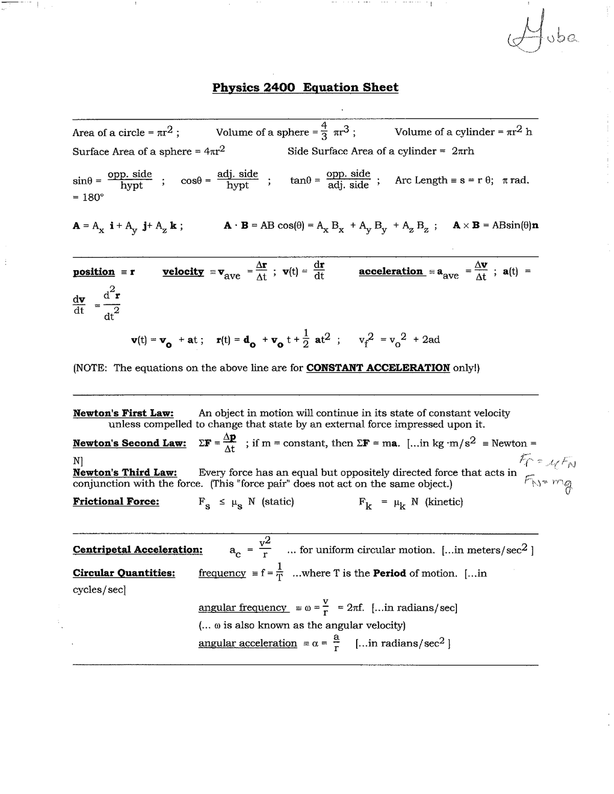 Physics Ou Cheat Sheet 2 - Physics 2400 Eguation Sheet 4 Area of a ...