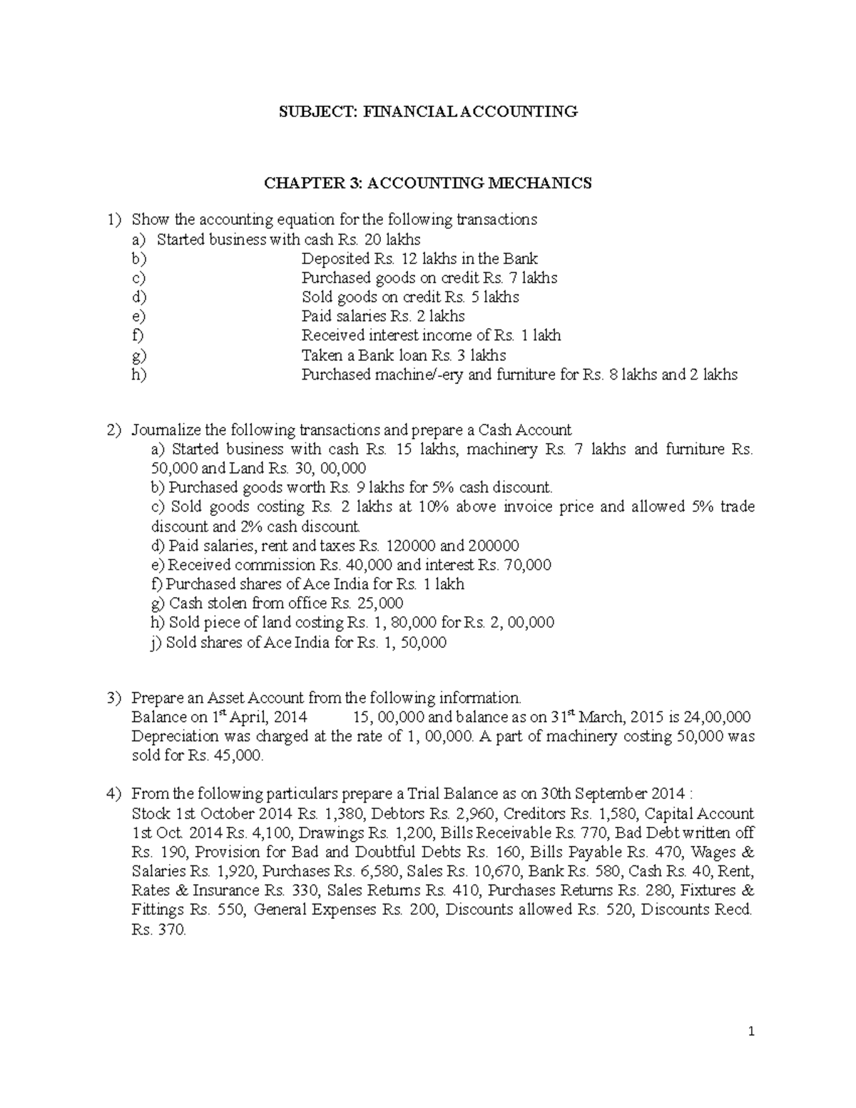 Financial Accounting numericals - SUBJECT: FINANCIAL ACCOUNTING CHAPTER ...