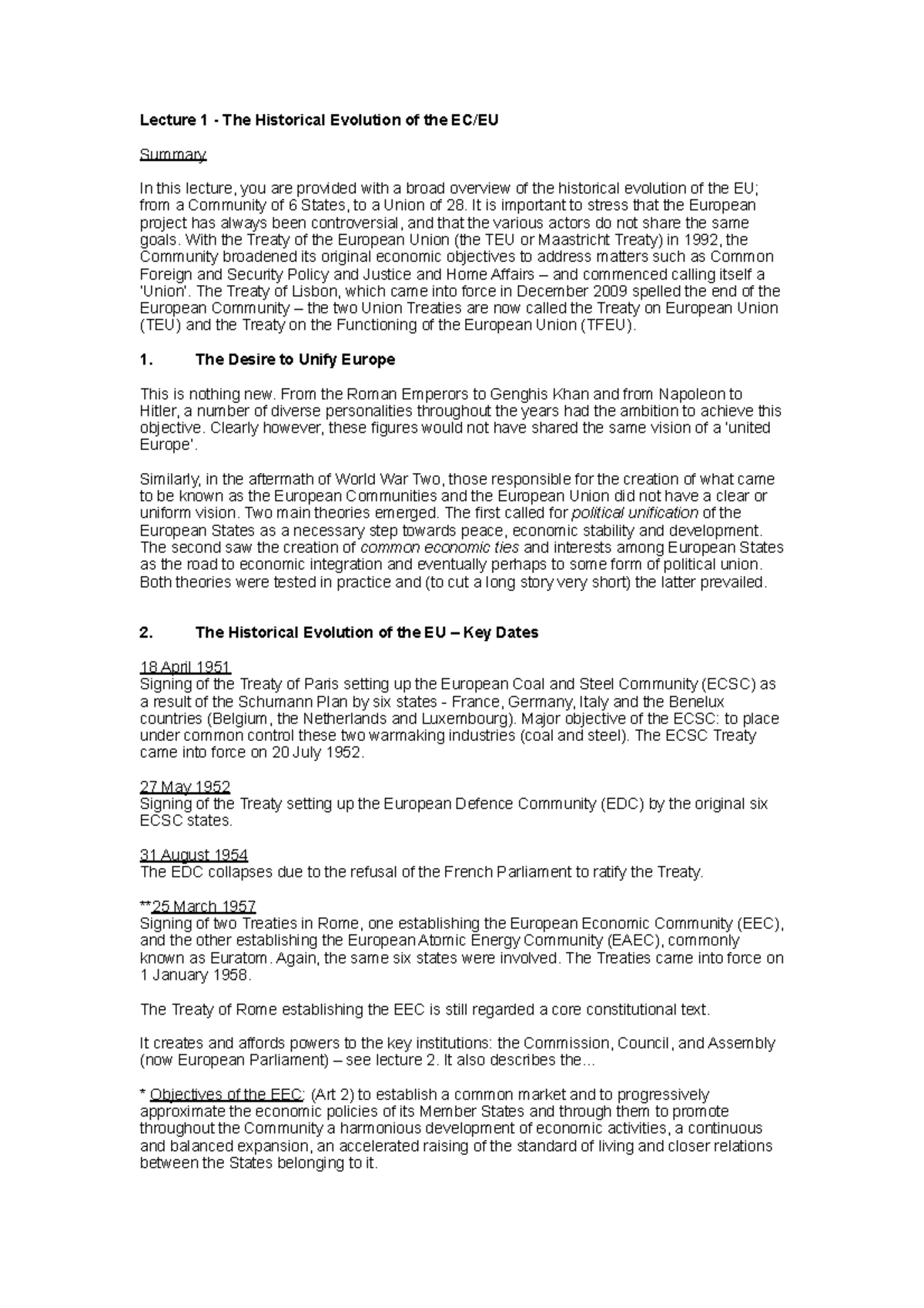 EU I (LAWD2002 3) Lectures - Lecture 1 - The Historical Evolution of ...