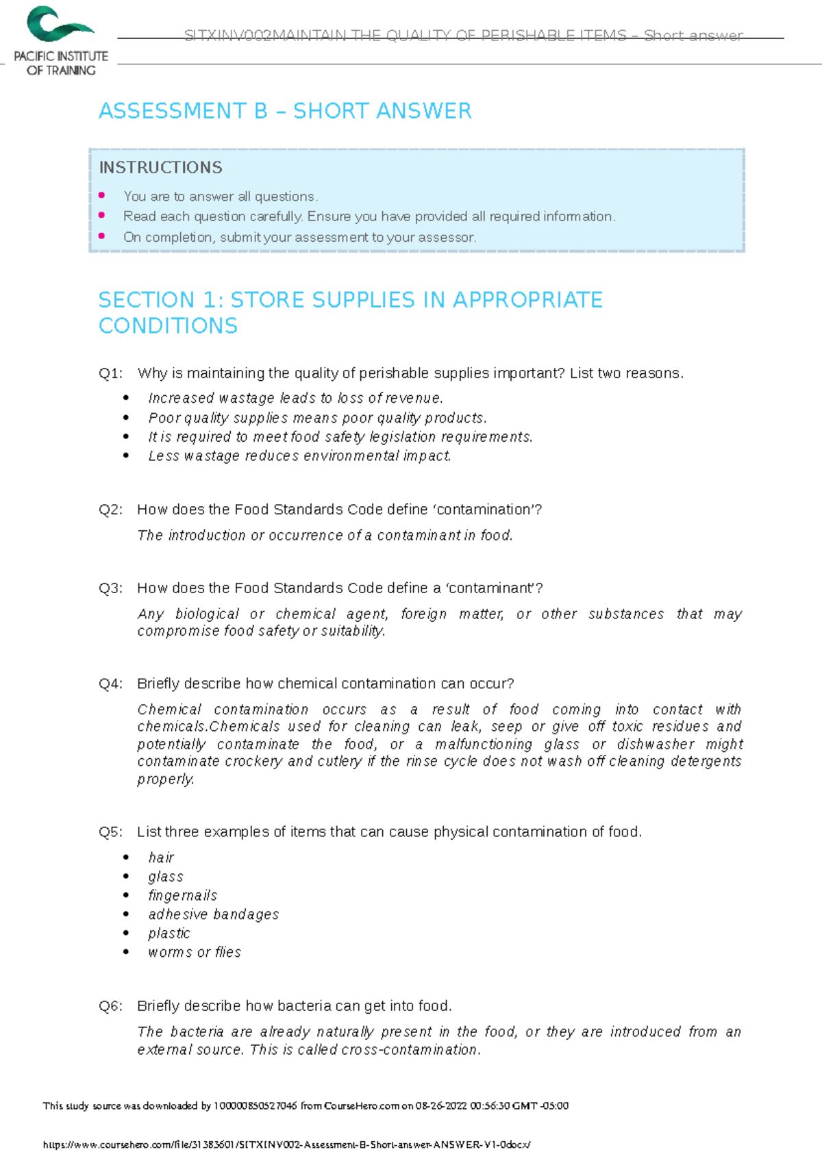 Sitxinv 002 Assessment B Short Answer Answer V1 0 - ASSESSMENT B ...