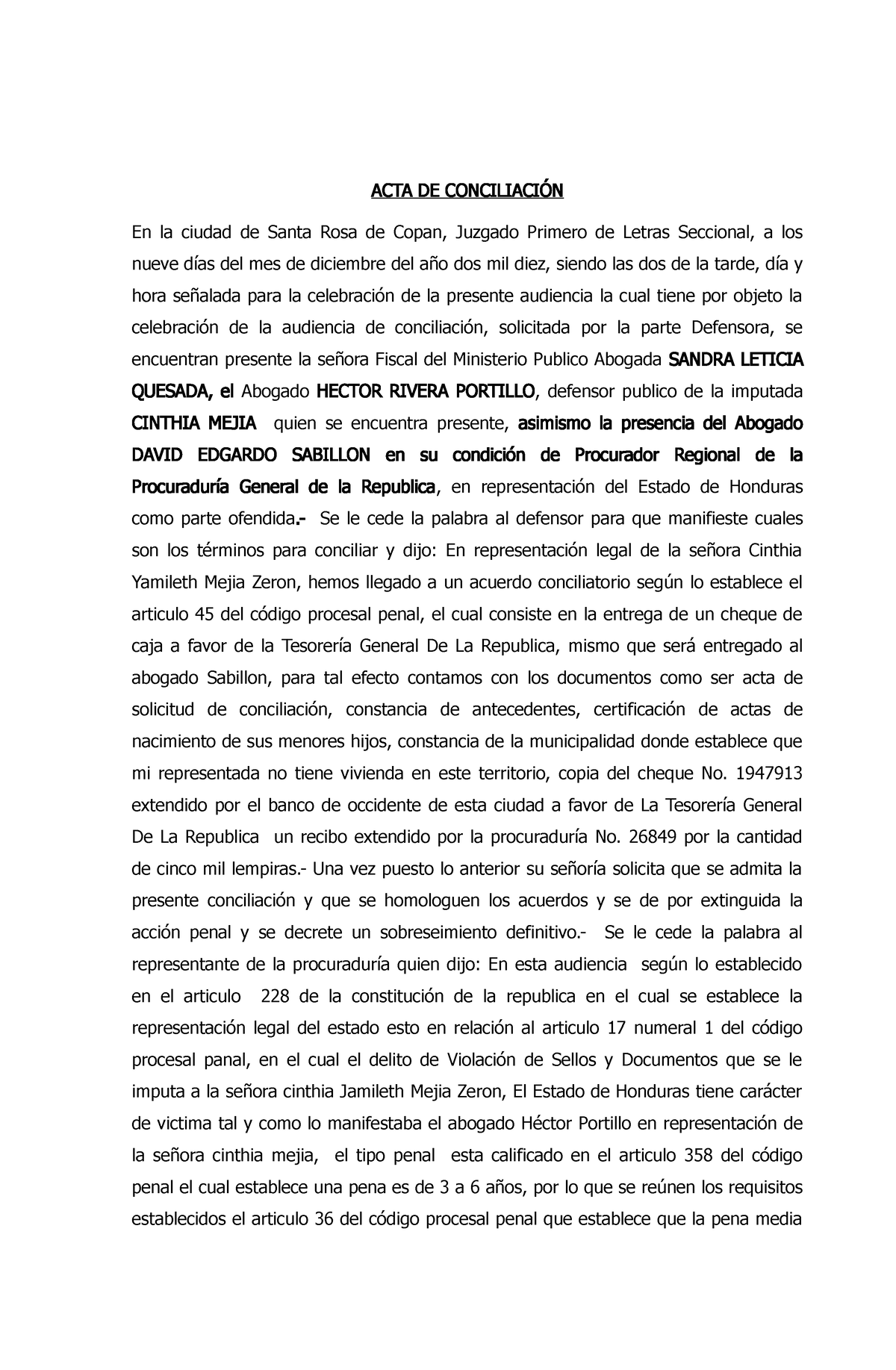 Formato-conciliacion extrajudicial en Honduras - ACTA DE CONCILIACIÓN En la  ciudad de Santa Rosa de - Studocu