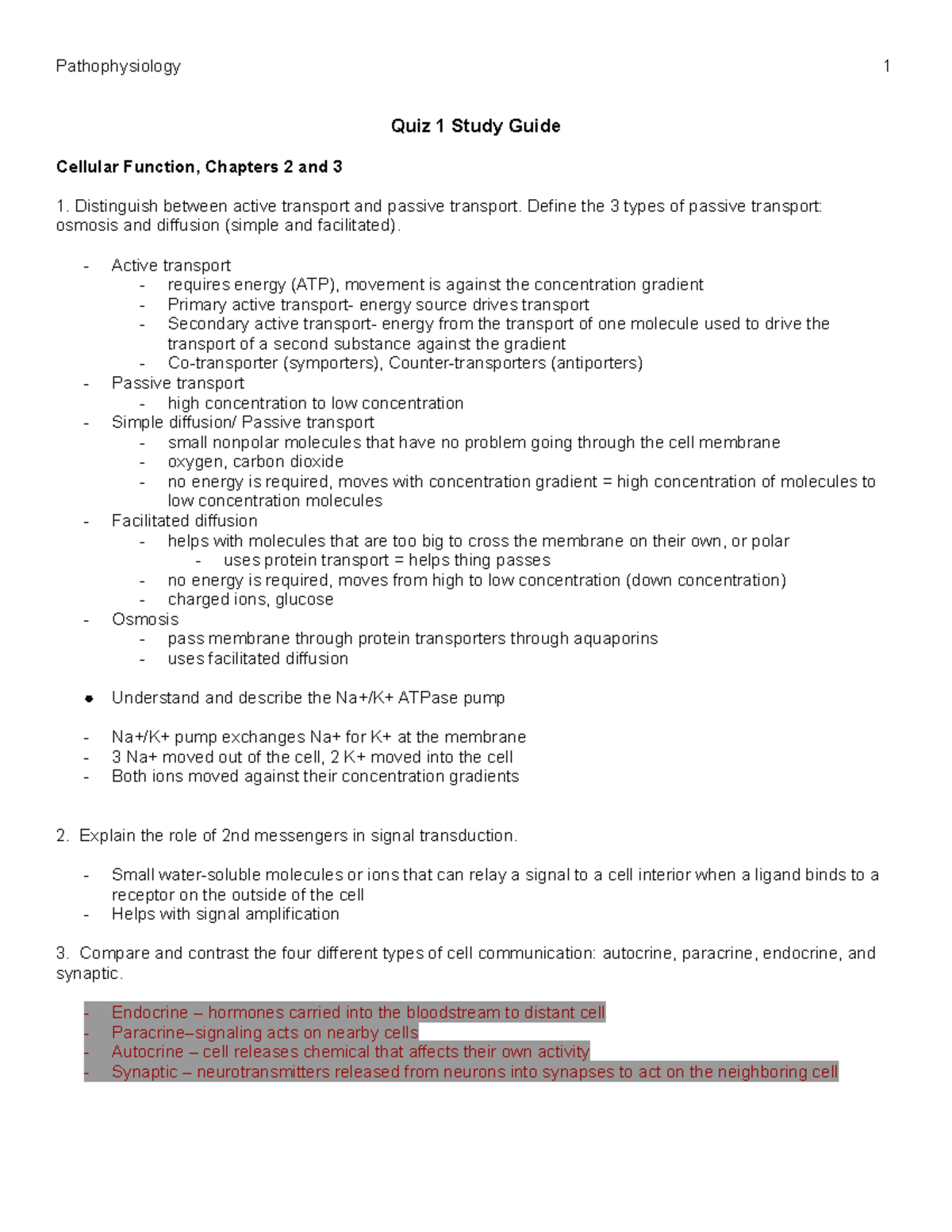 Pathophysiology Quiz 1 Study Guide - Quiz 1 Study Guide Cellular ...