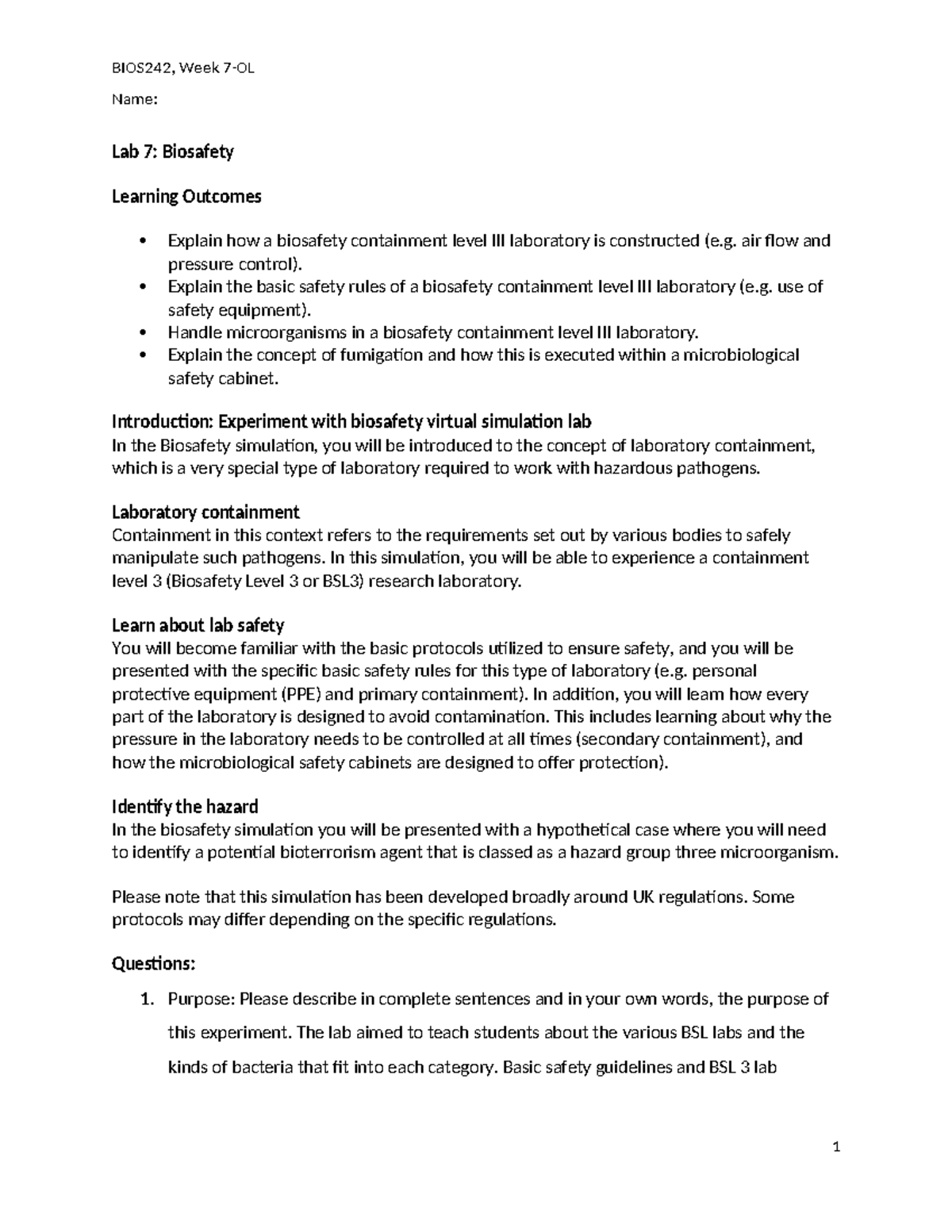 OL Biosafety-1 - Lab - BIOS242, Week 7-OL Name: Lab 7: Biosafety ...