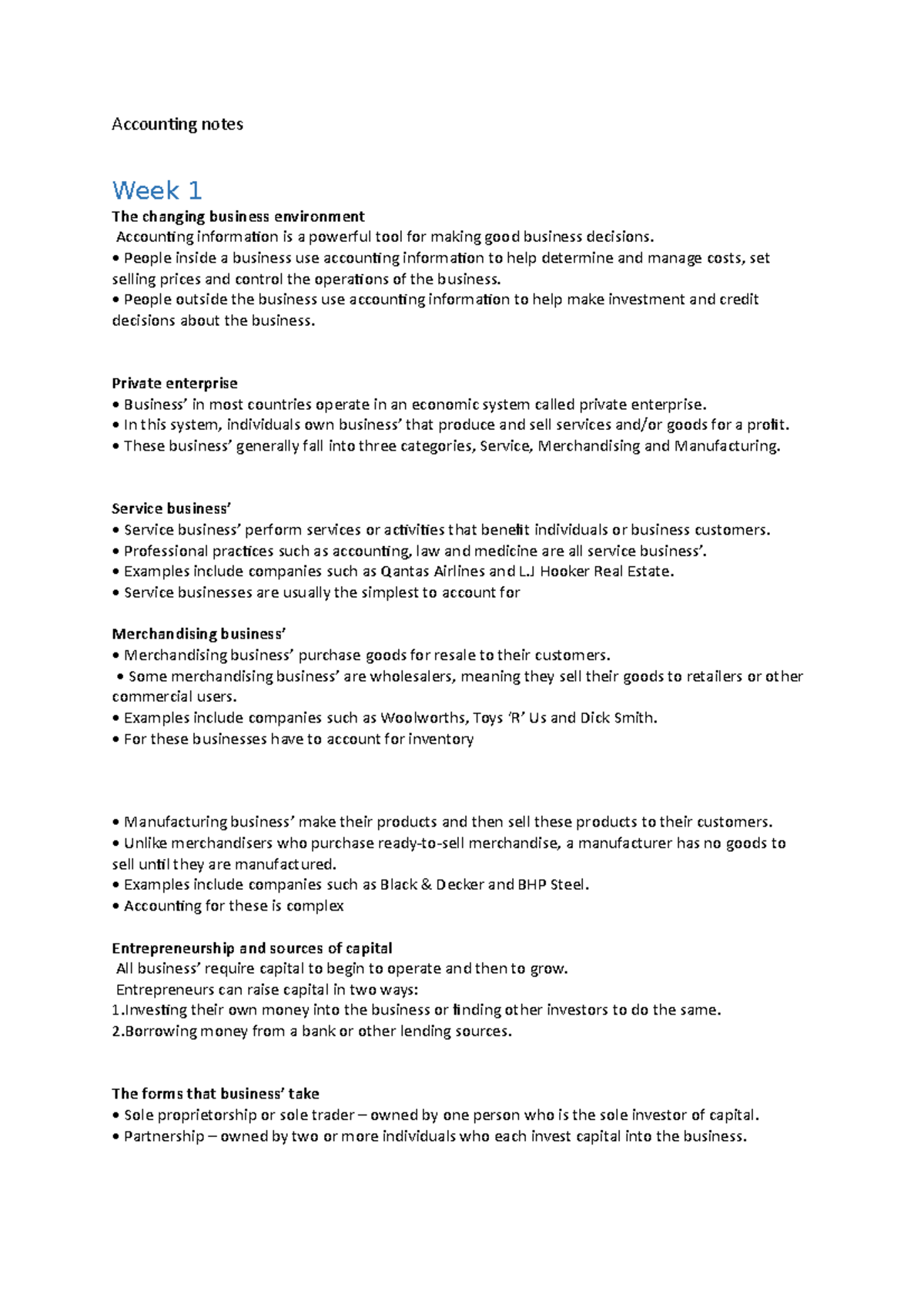 Accounting notes - Accounting notes Week 1 The changing business ...