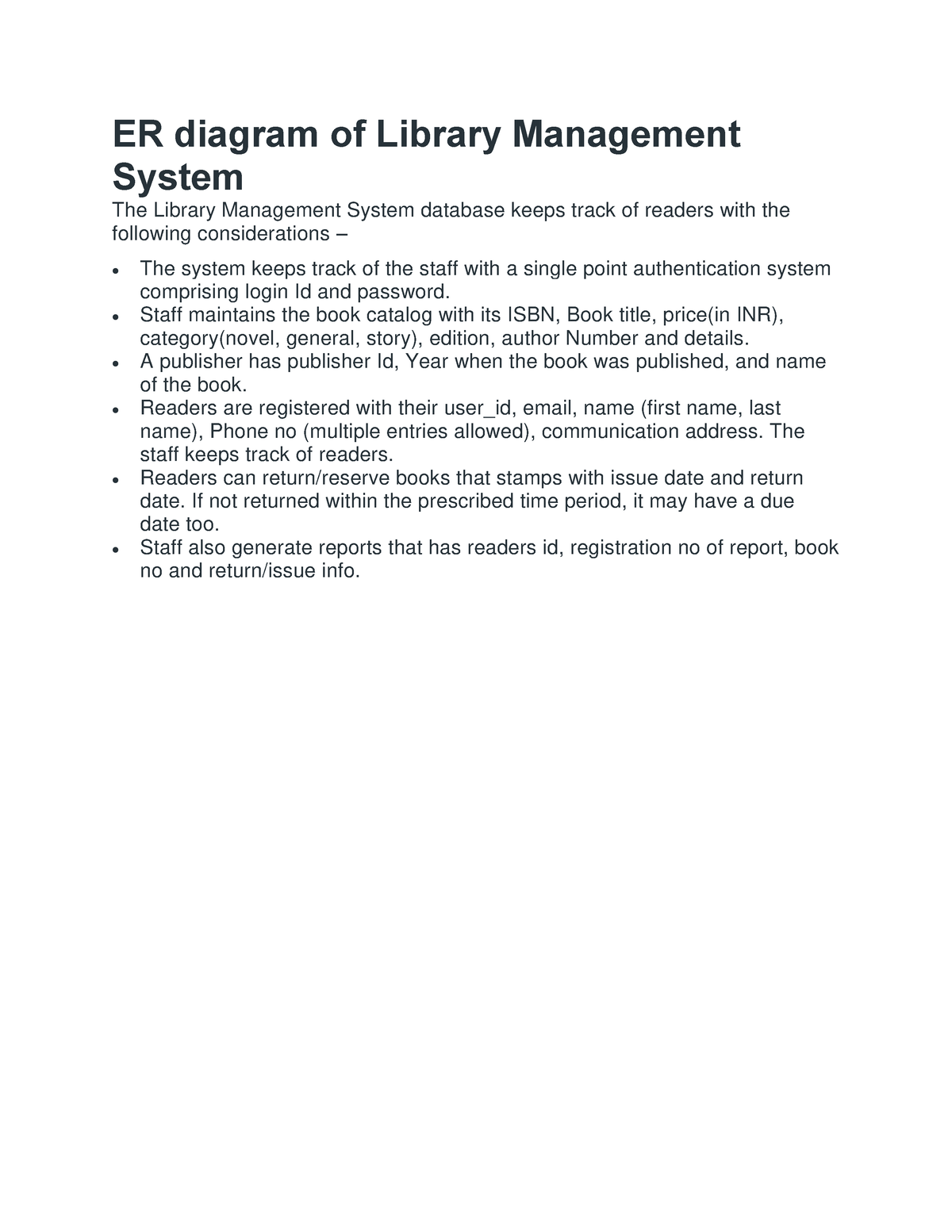 ER diagram - Staff maintains the book catalog with its ISBN, Book title ...