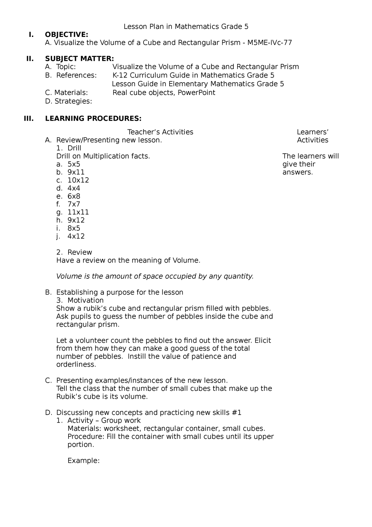 COT 4th Quarter SY 20232024 Lesson Plan in Mathematics Grade 5 I