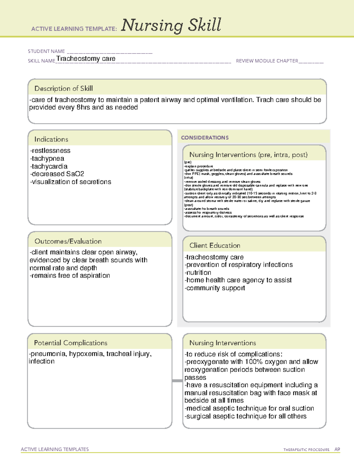 Active Learning Template Nursing Skill Form Tracheostomy care ACTIVE