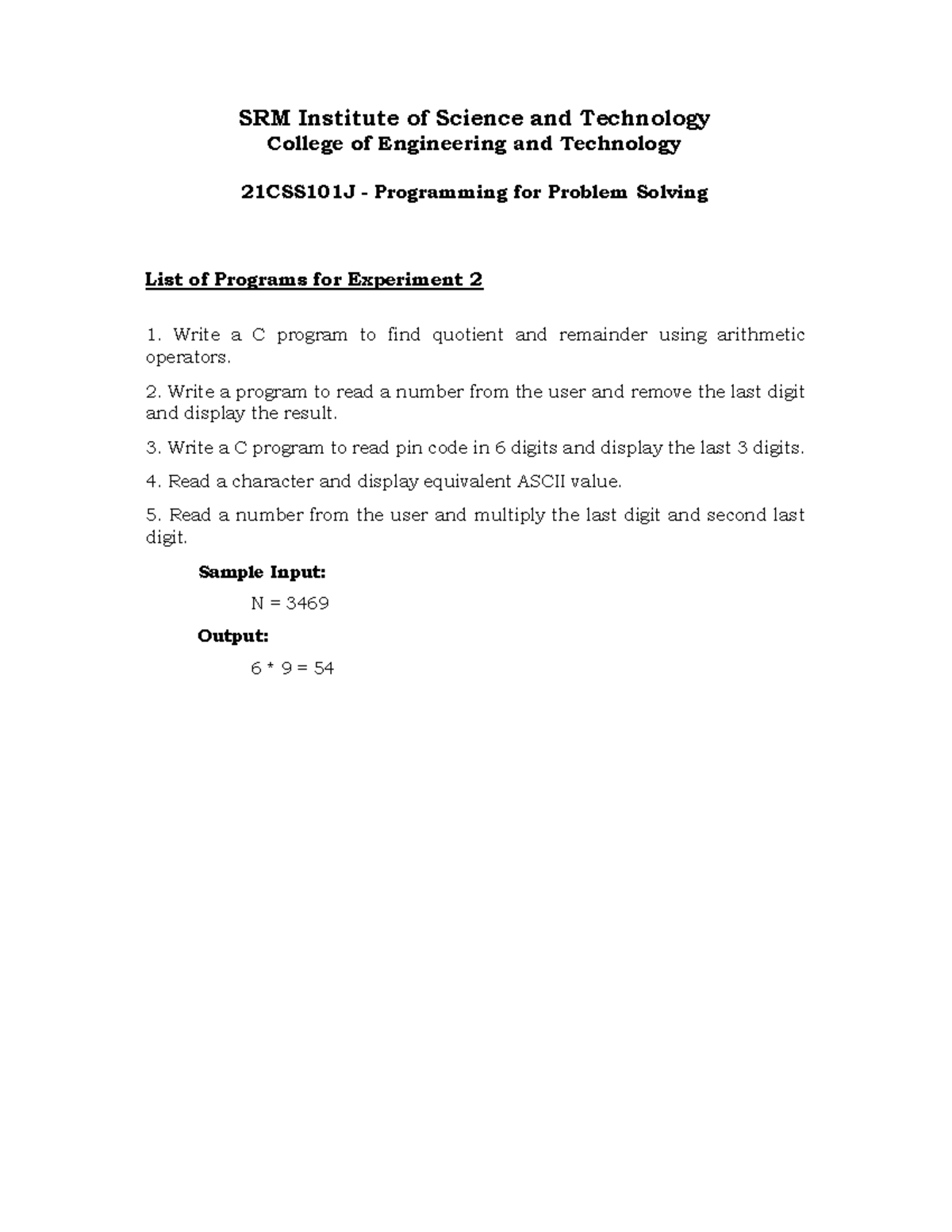 Ex 2 List of Programs - it is just a lecture note - SRM Institute of ...