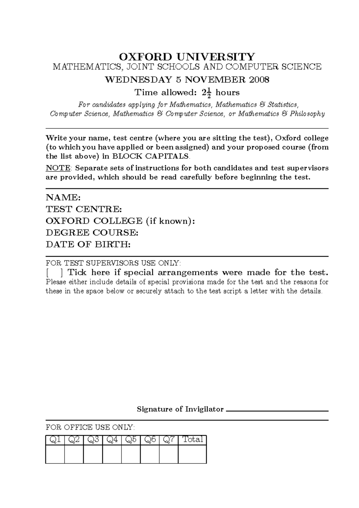 Oxford Admissions Test 2008 - OXFORD UNIVERSITY MATHEMATICS, JOINT ...