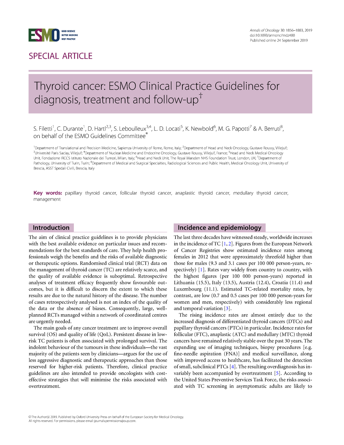 Thyroid Cancer Guideline - SPECIAL ARTICLE Thyroid Cancer: ESMO ...