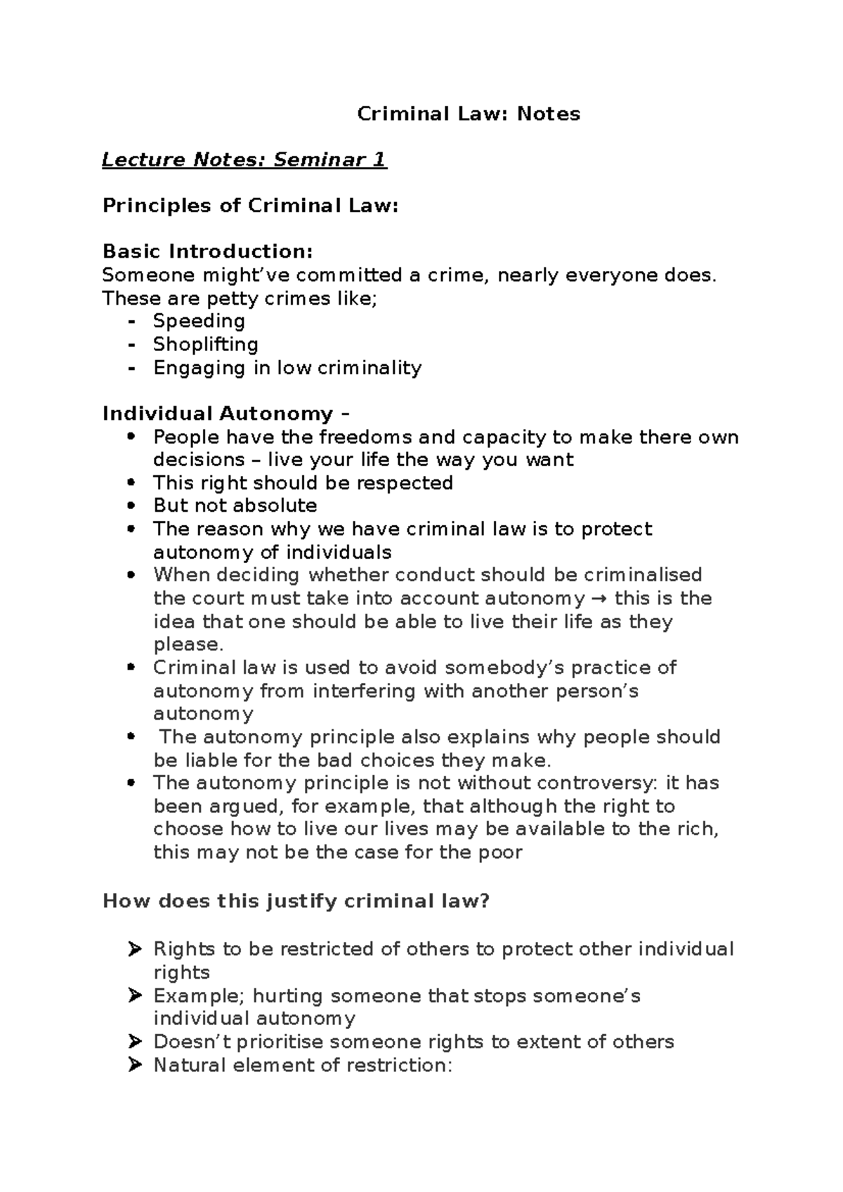 Criminal Law Lecture 1 - Criminal Law: Notes Lecture Notes: Seminar 1 ...