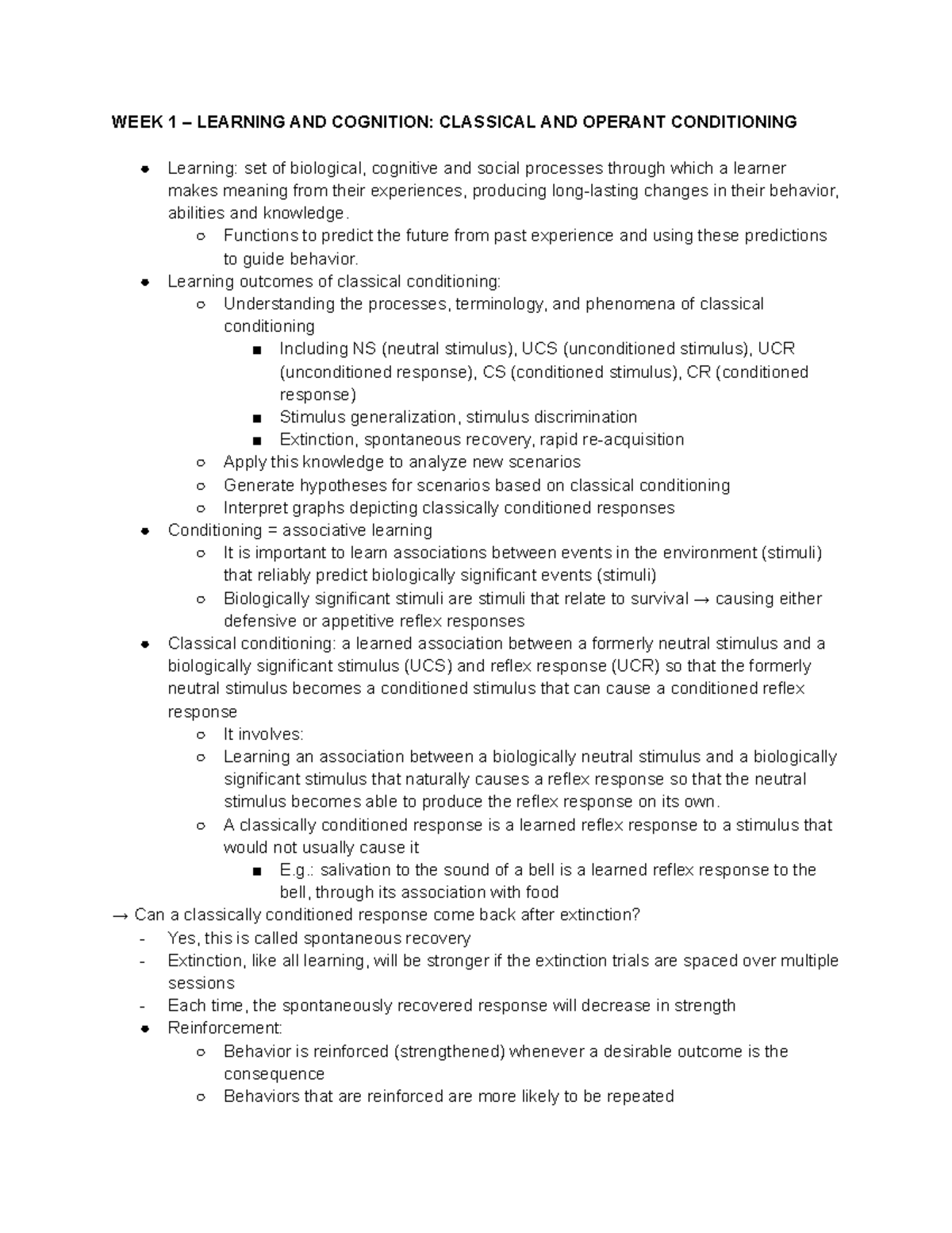 MBB1 Lecture notes - WEEK 1 – LEARNING AND COGNITION: CLASSICAL AND ...