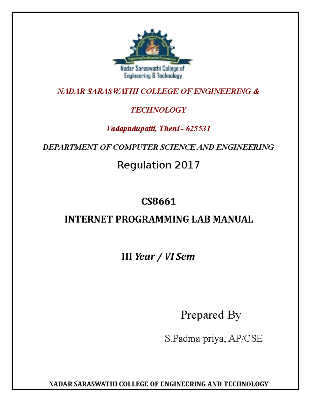 CS8661 IP Lab Manual NADAR SARASWATHI COLLEGE OF ENGINEERING