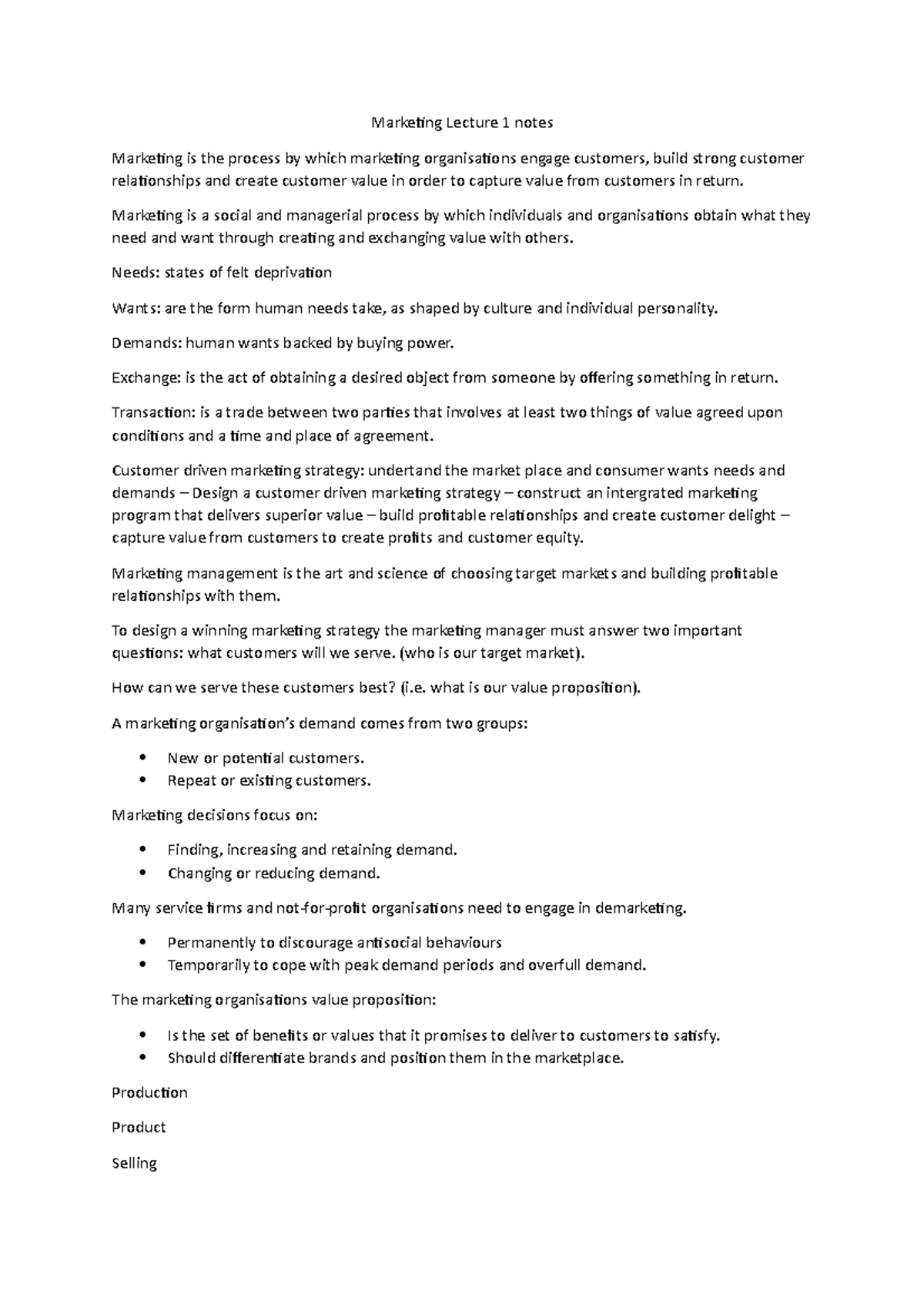 Marketing Lecture 1 notes - Marketing Lecture 1 notes Marketing is the ...