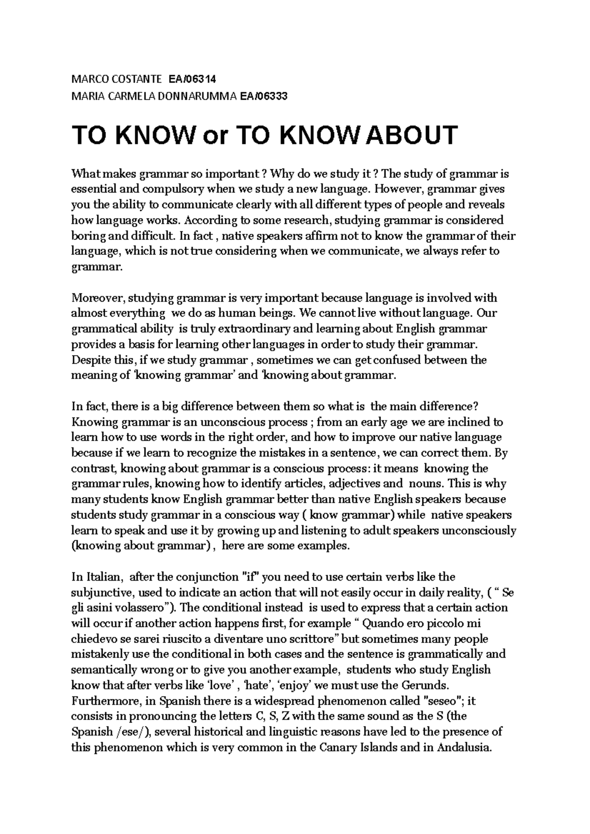 TO KNOW or TO KNOW About essay - MARCO COSTANTE EA/ MARIA CARMELA ...
