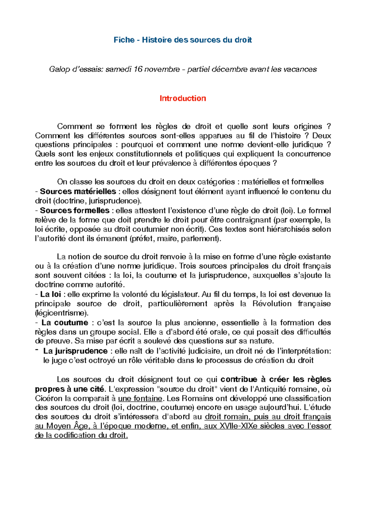 Fiche - Histoire du droit CHAP 1 - Fiche - Histoire des sources du ...