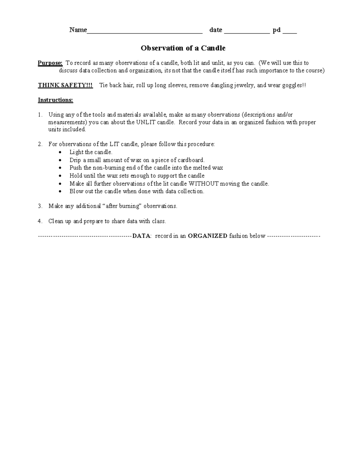 Obs of candle lab Homework Assignment Name