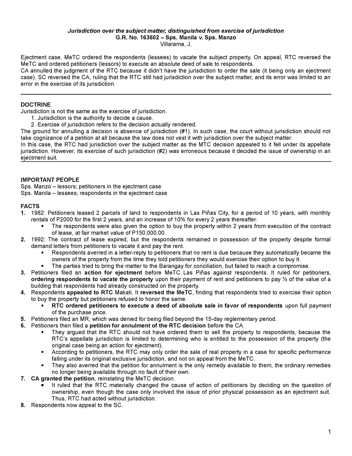 Case Digest Of Sps Manila V Sps Manzo - Jurisdiction Over The Subject 