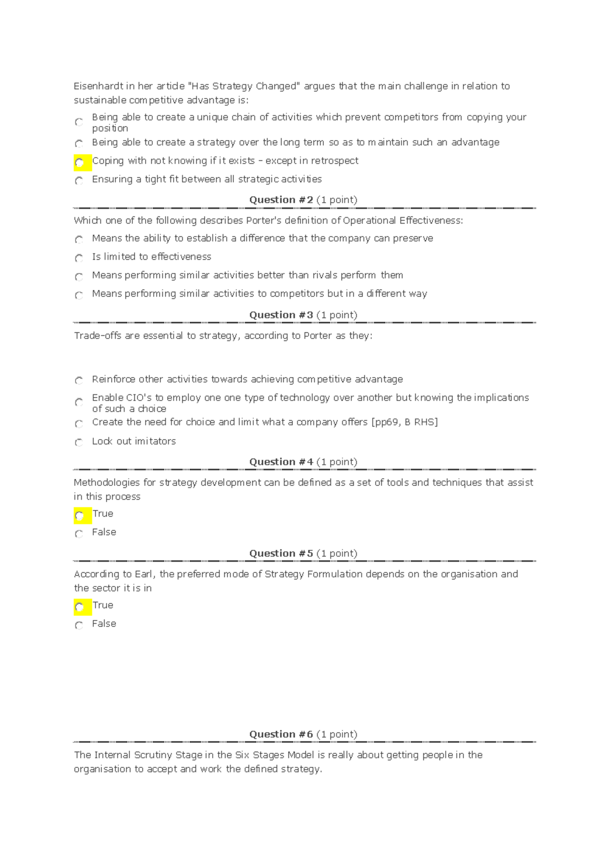 Strategy MCQ Past Questions (With Answers) (set 2) - Eisenhardt in her ...