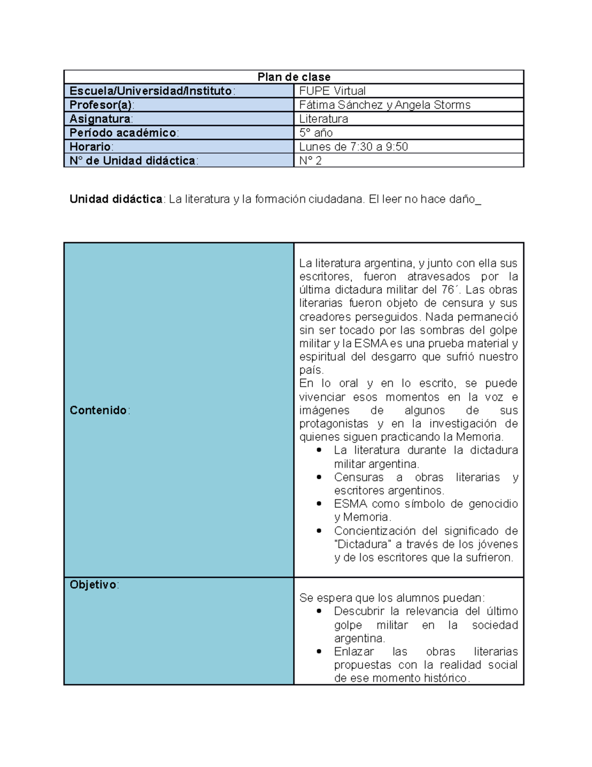 Plan de clase- ESMA - Plan de clase Escuela/Universidad/Instituto: FUPE ...