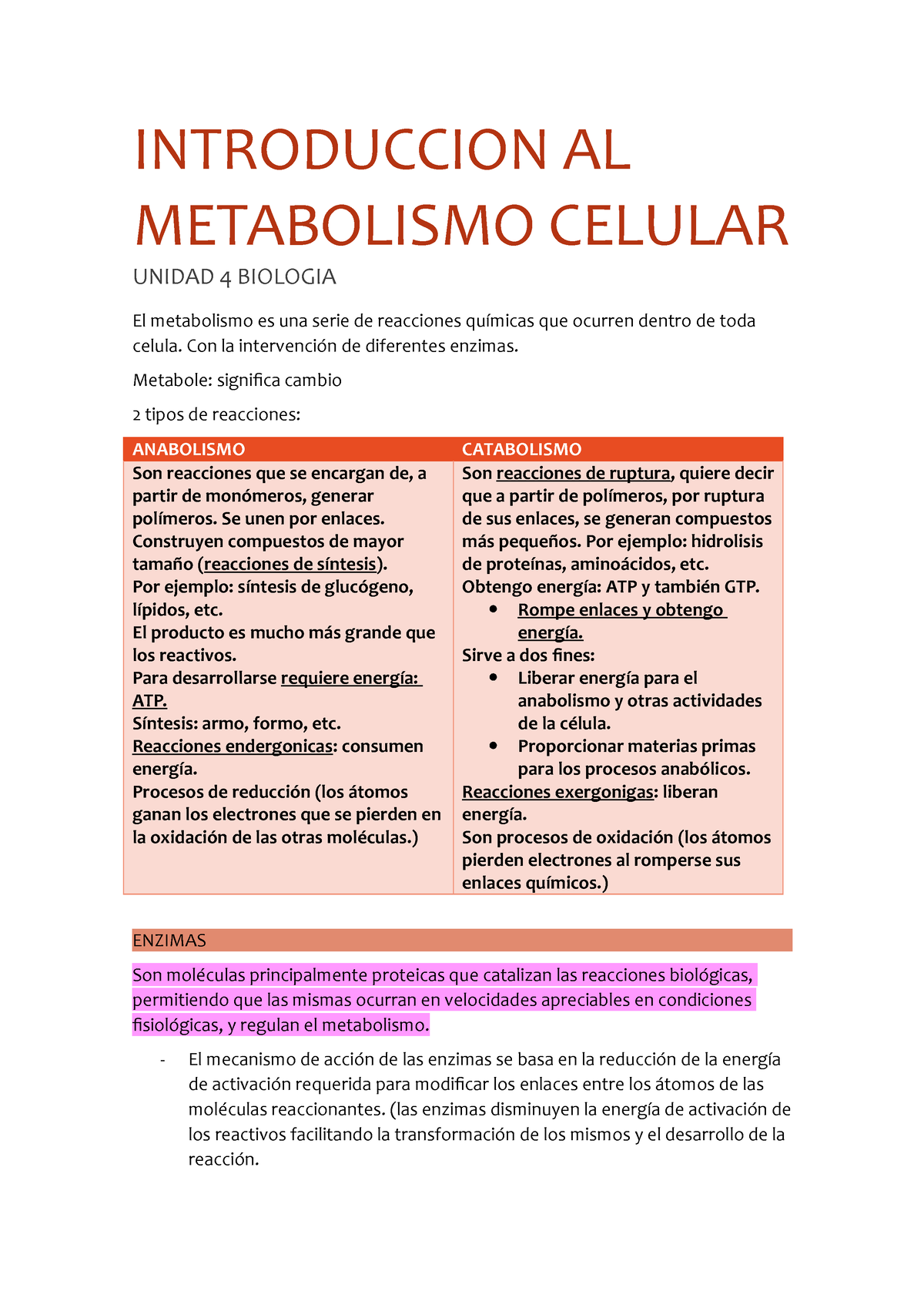 Introducción Al Metabolismo Celular Introduccion Al Metabolismo Celular Unidad 4 Biologia El 3510