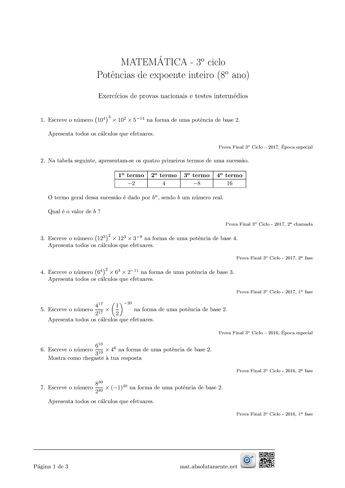 Potencias - Mat 9 - MATEM ́ATICA - 3 O Ciclo Potˆencias De Expoente ...