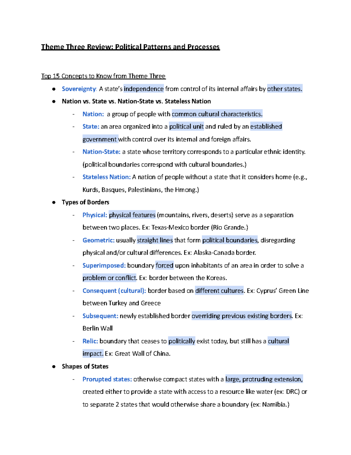 AP Human Geography Unit 3 Political Patterns and Processes 15 Most