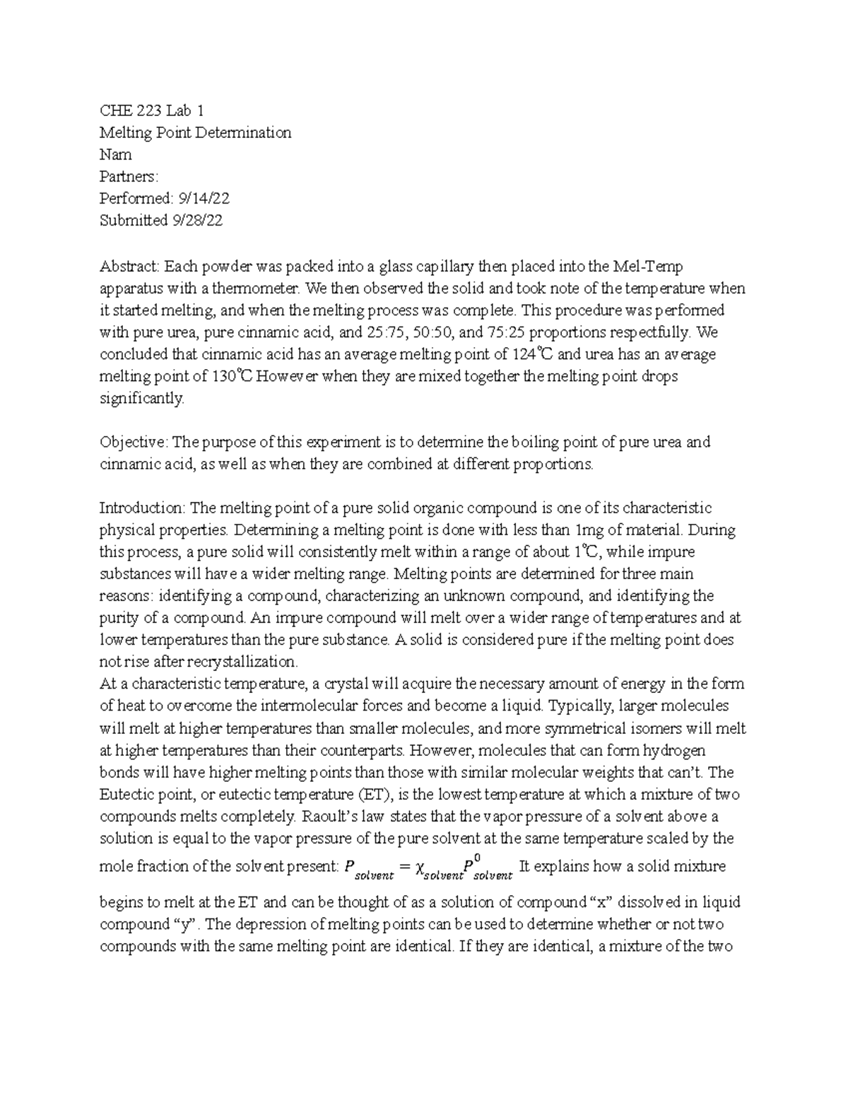 Melting Point Determination Lab Report CHE 223 Lab 1 Melting Point