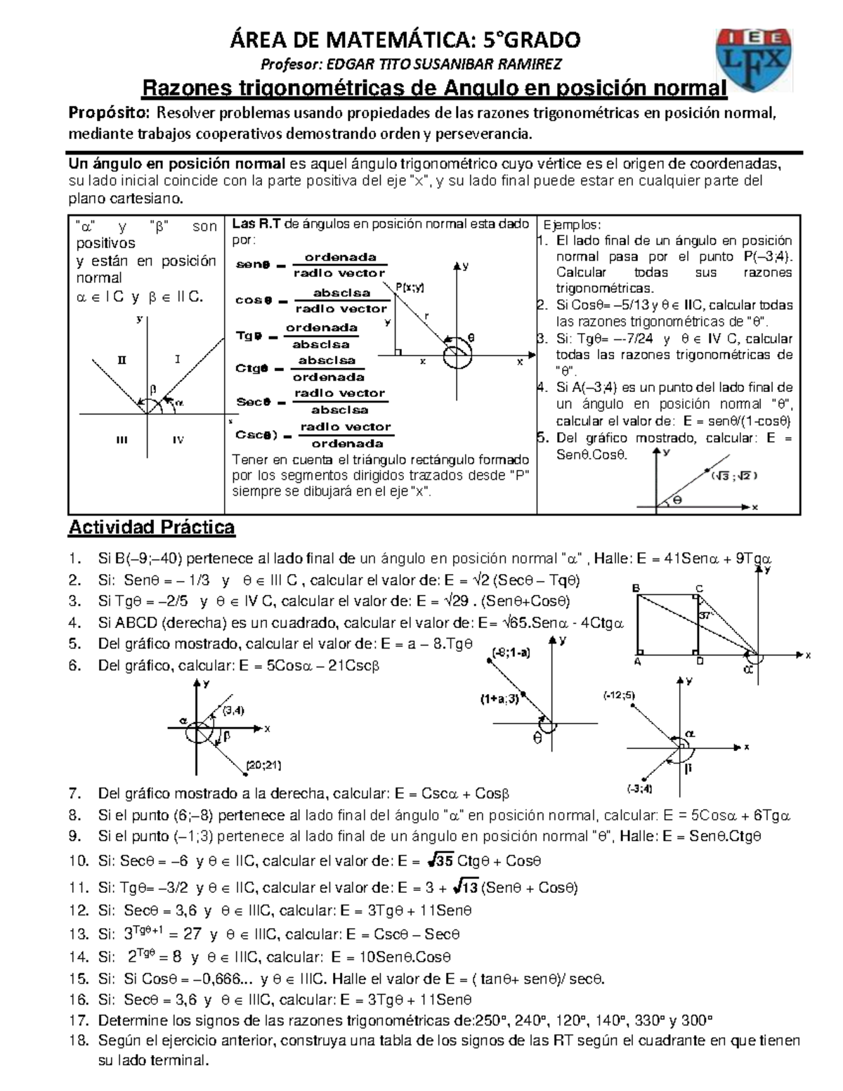 GUIA DE Angulo EN P Normal - ÁREA DE MATEMÁTICA: 5 °GRADO Profesor ...