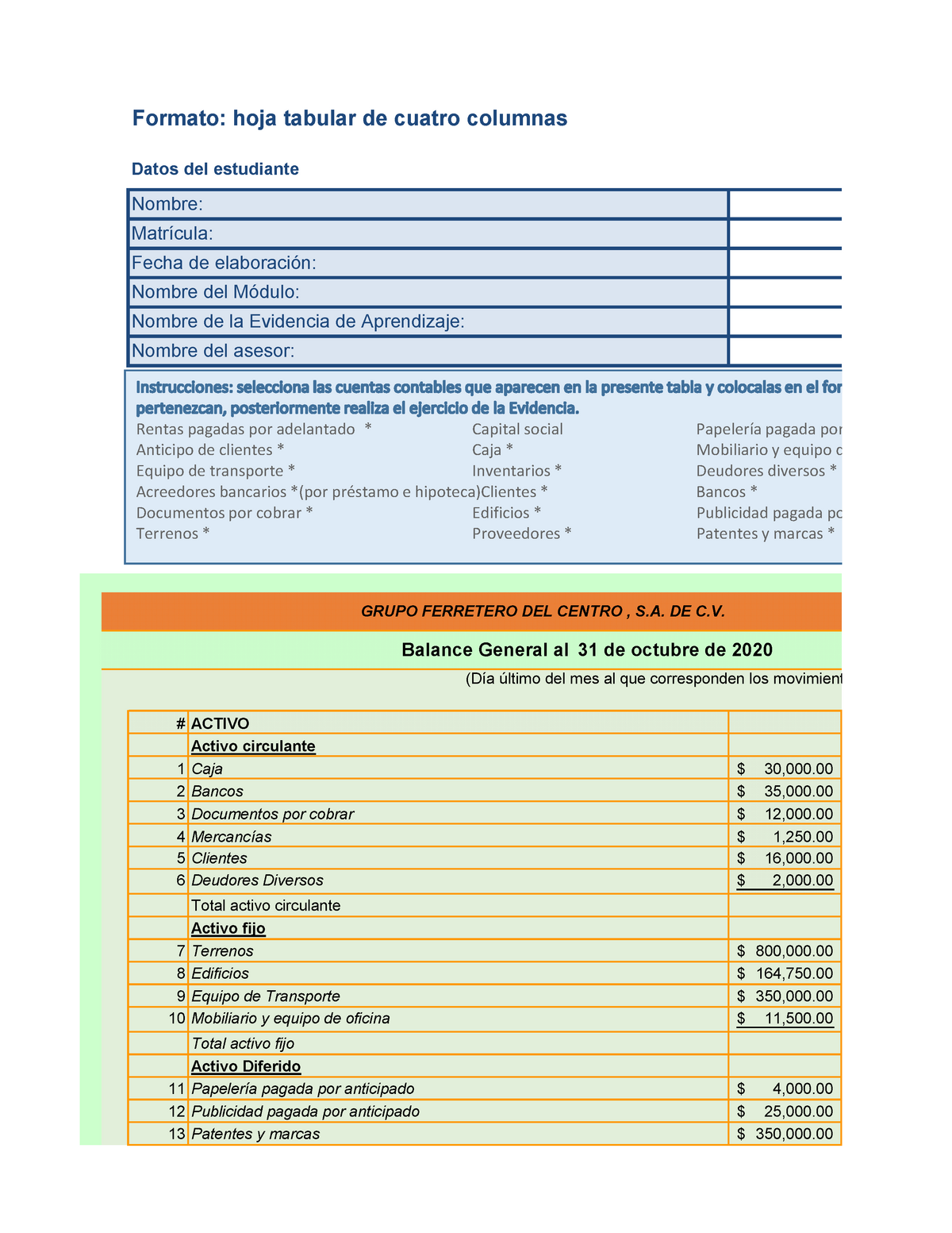 Estructura Del Balance General Formato Hoja Tabular De Cuatro Columnas Activo Activo 0231