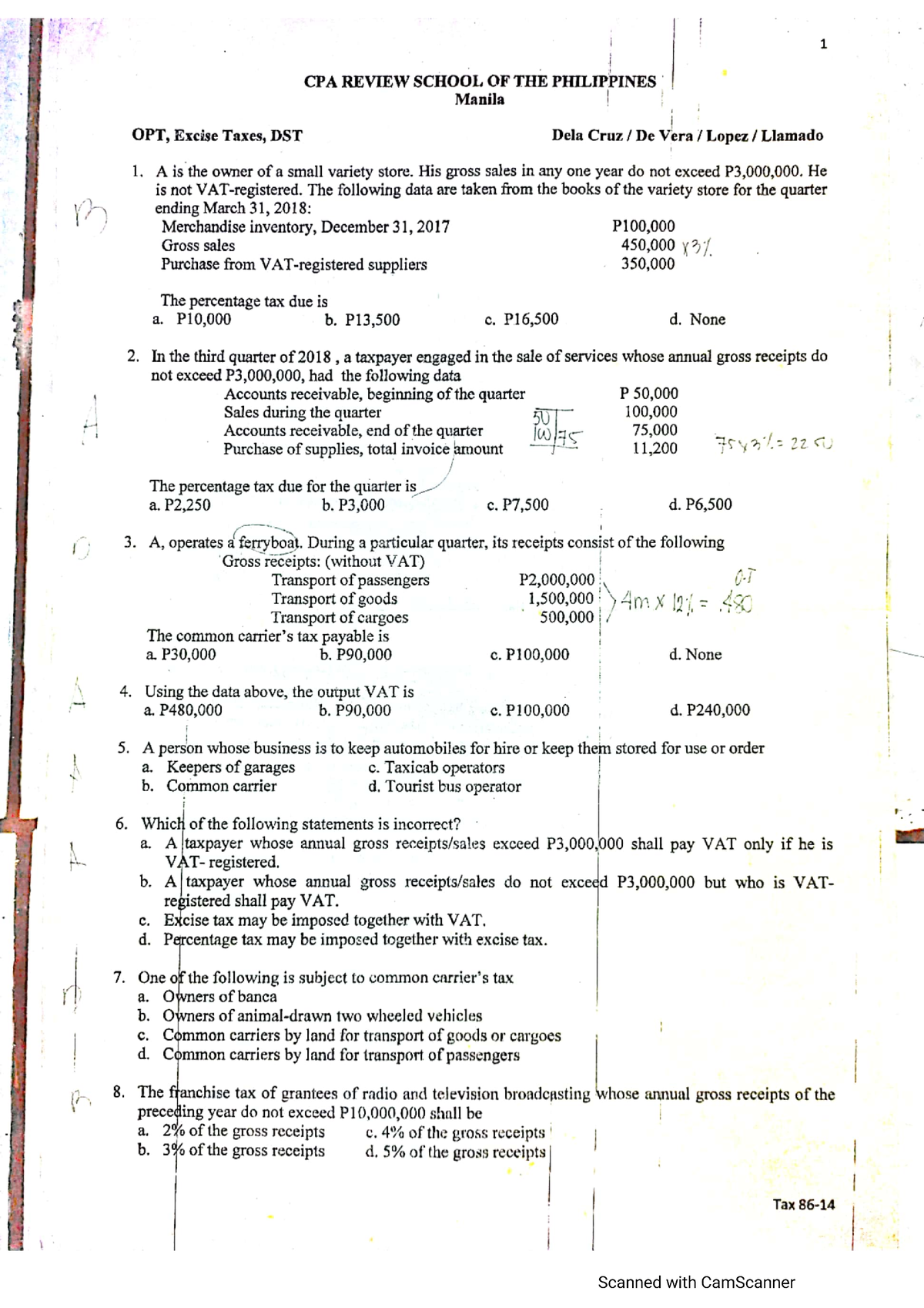 Pdfcoffee.com Cparopttest-bankoct 2019-pdf-free - Bs Accountancy - Studocu