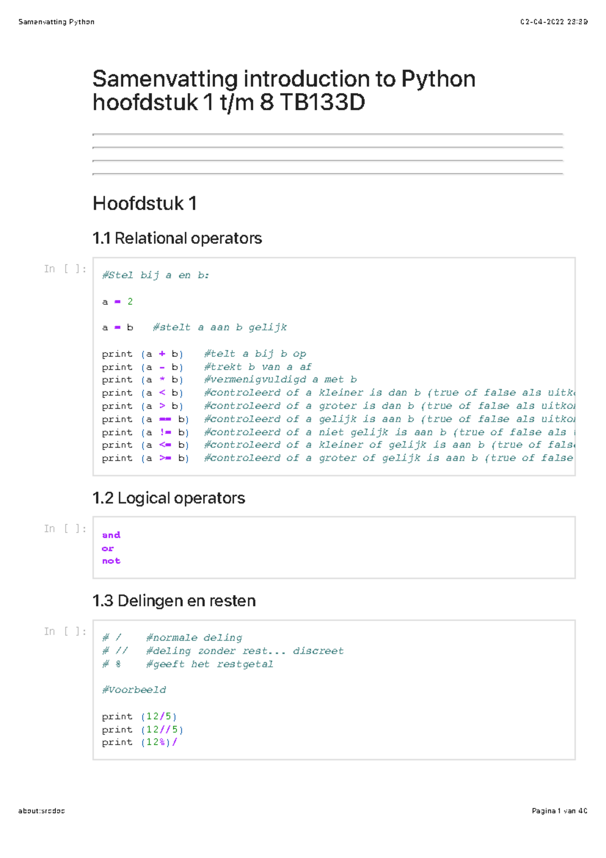 Samenvatting Python - Samenvatting introduction to Python hoofdstuk 1 t ...