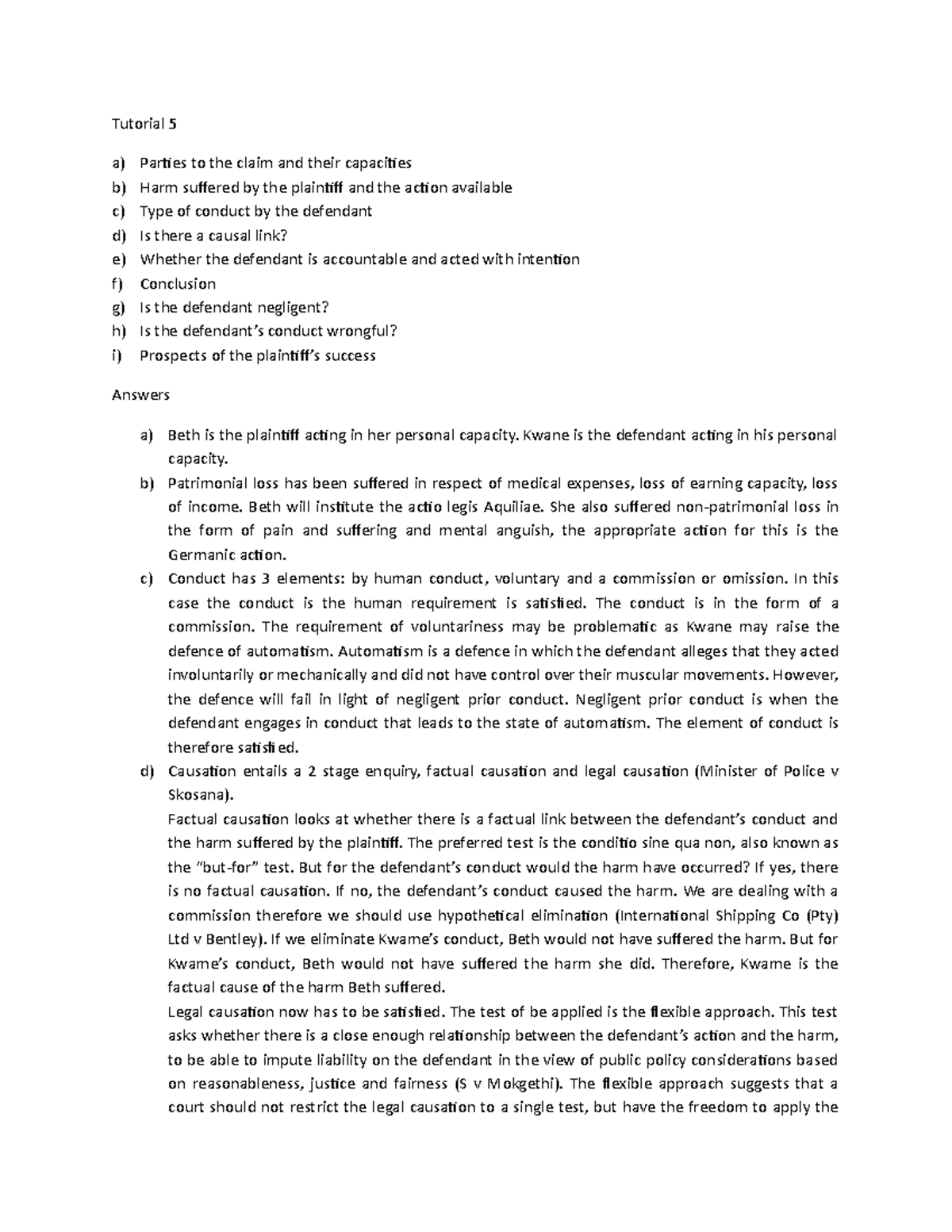 Law of Delict - tutorials - Tutorial 5 a) Parties to the claim and ...