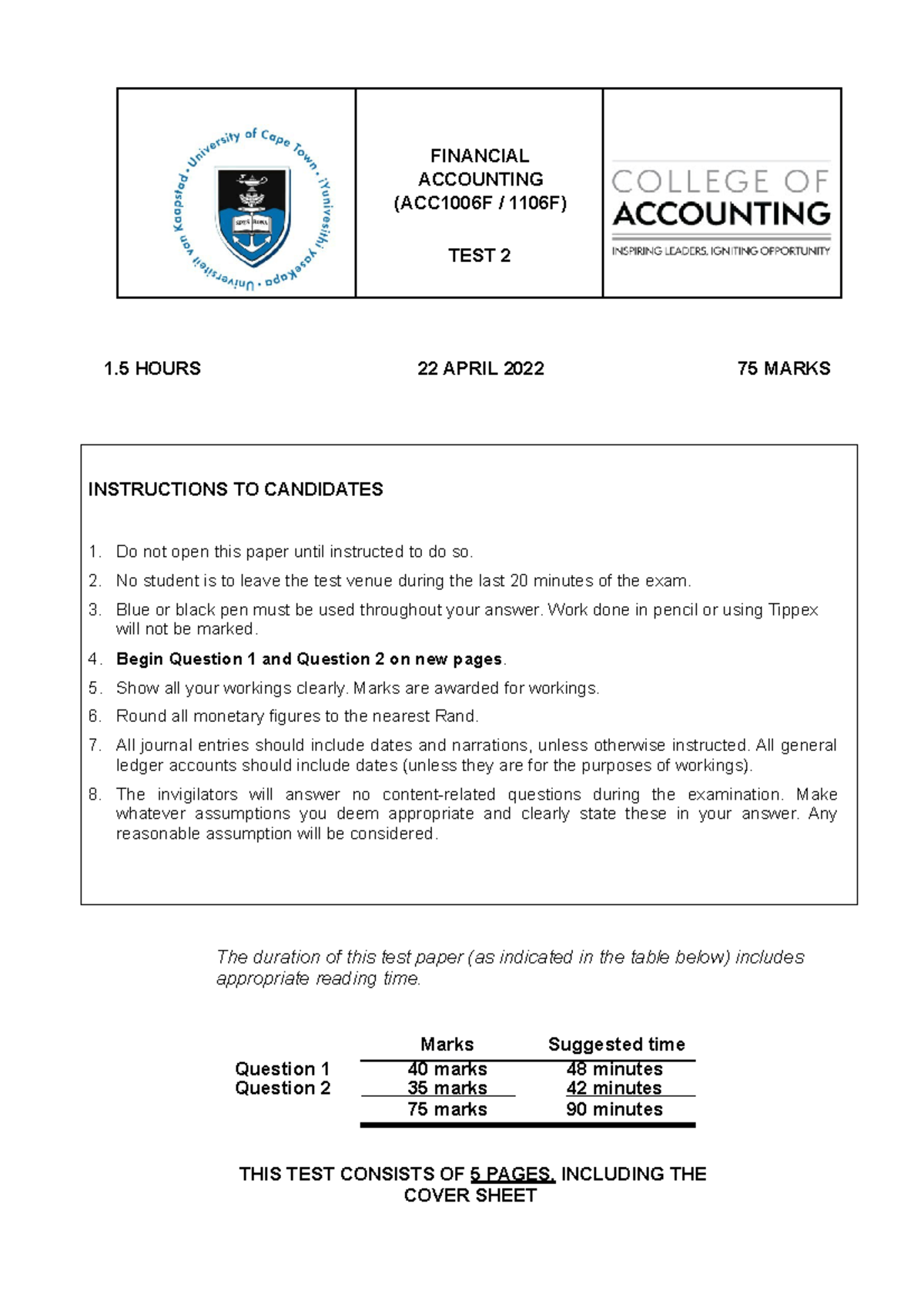 Test+2+2022 Final - Past paper - FINANCIAL ACCOUNTING (ACC1006F / 1106F ...