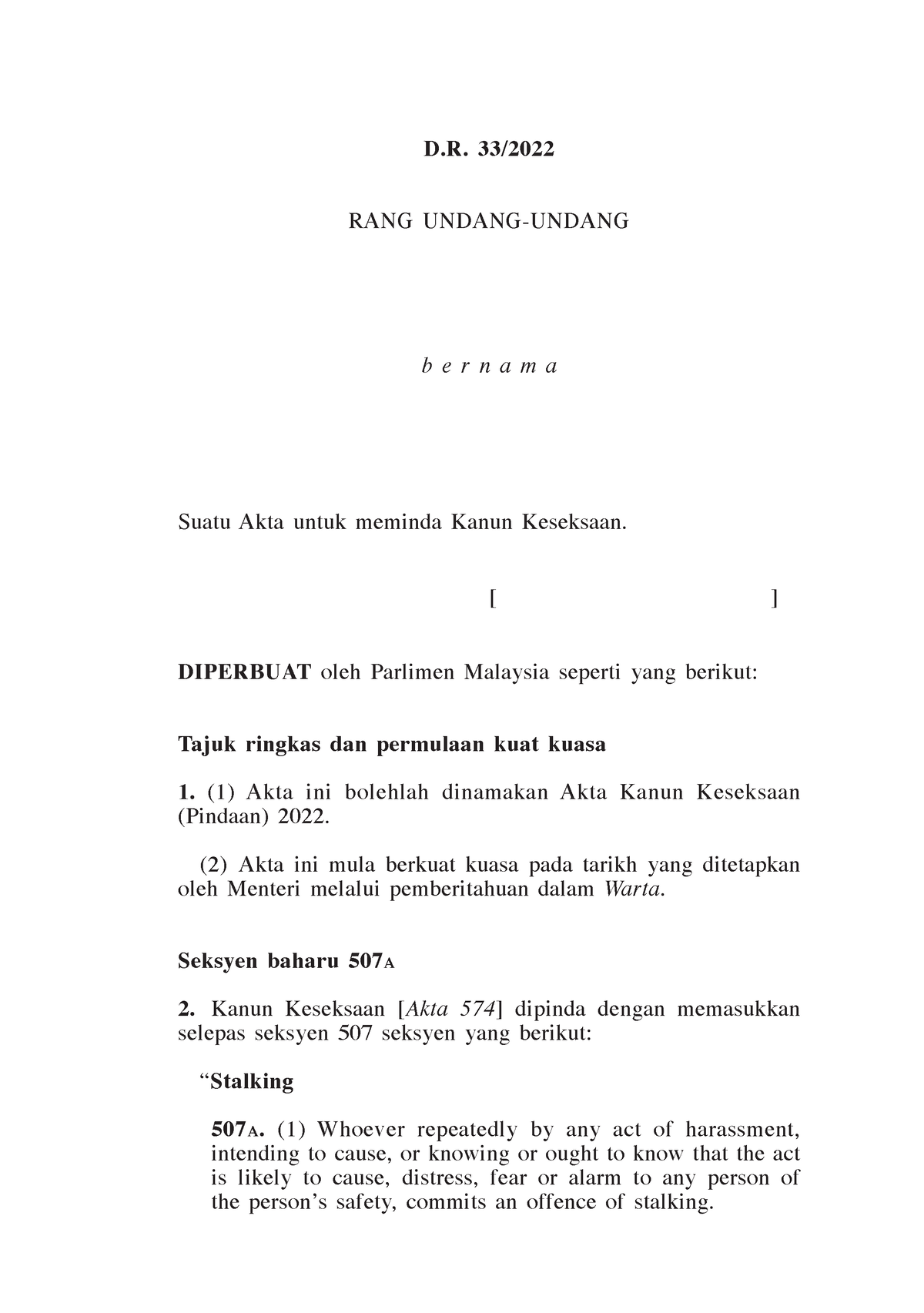 Rang Undang 2 Stalking - Kanun Keseksaan (Pindaan) 1 D. 33/ RANG UNDANG ...