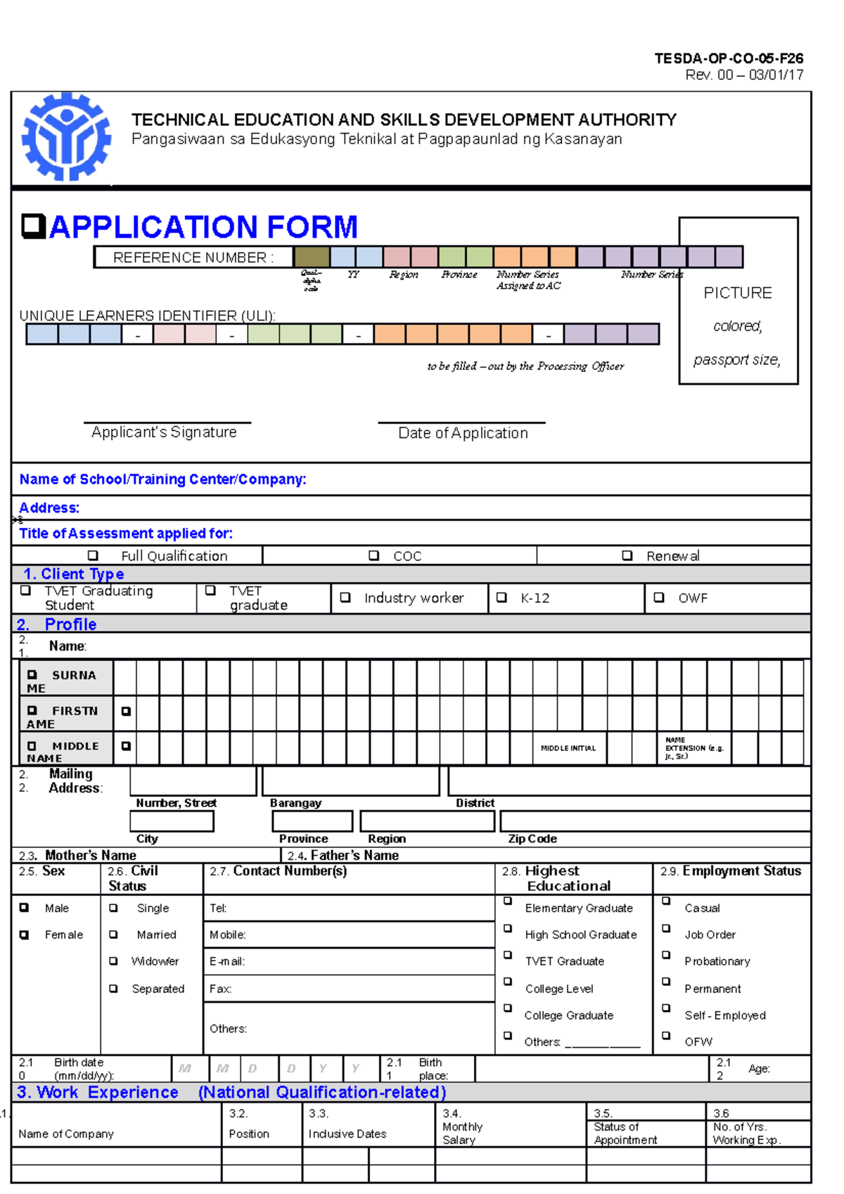 Tesda-OP-CO-05 Competency Assessment Forms - Rev. 00 – 03/01/ TECHNICAL ...
