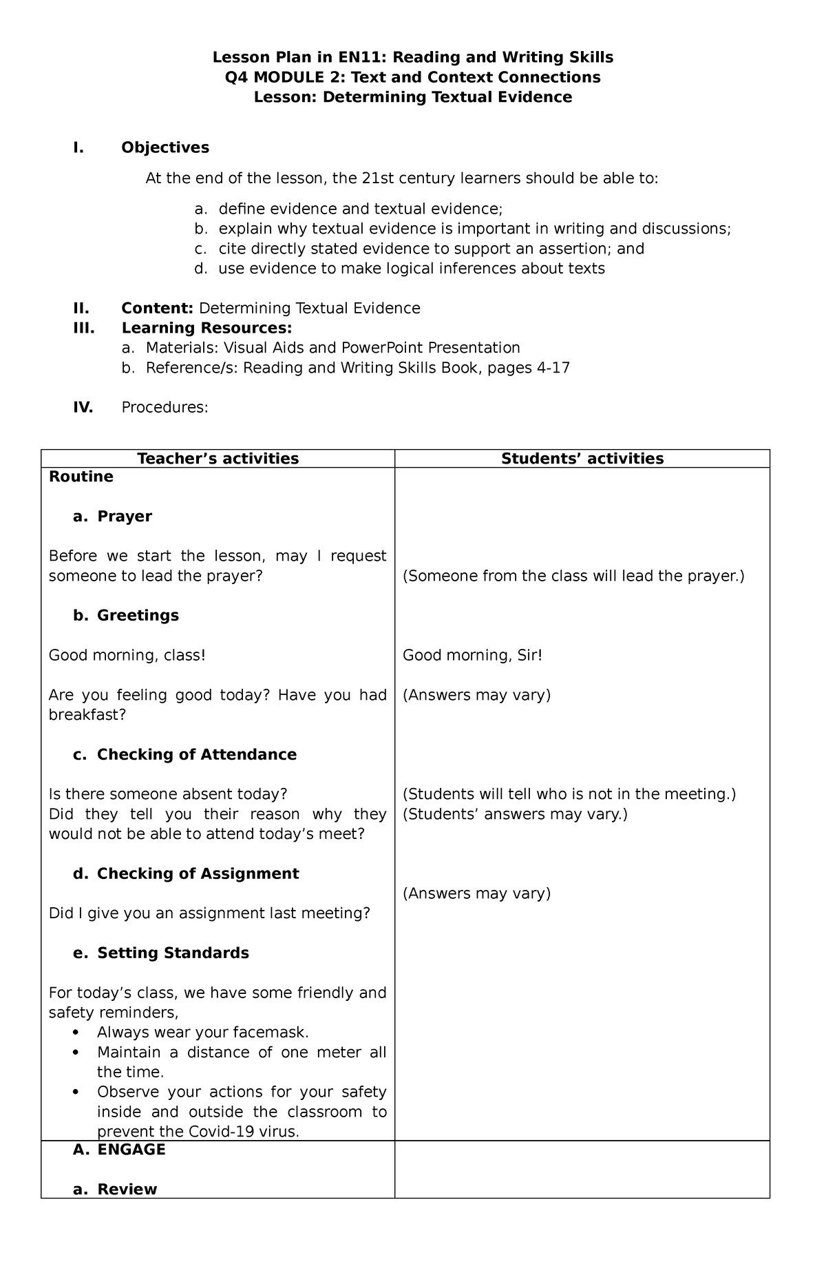 LP 3 Textual Evidence Lesson Plan Lesson Plan in EN11 Reading and