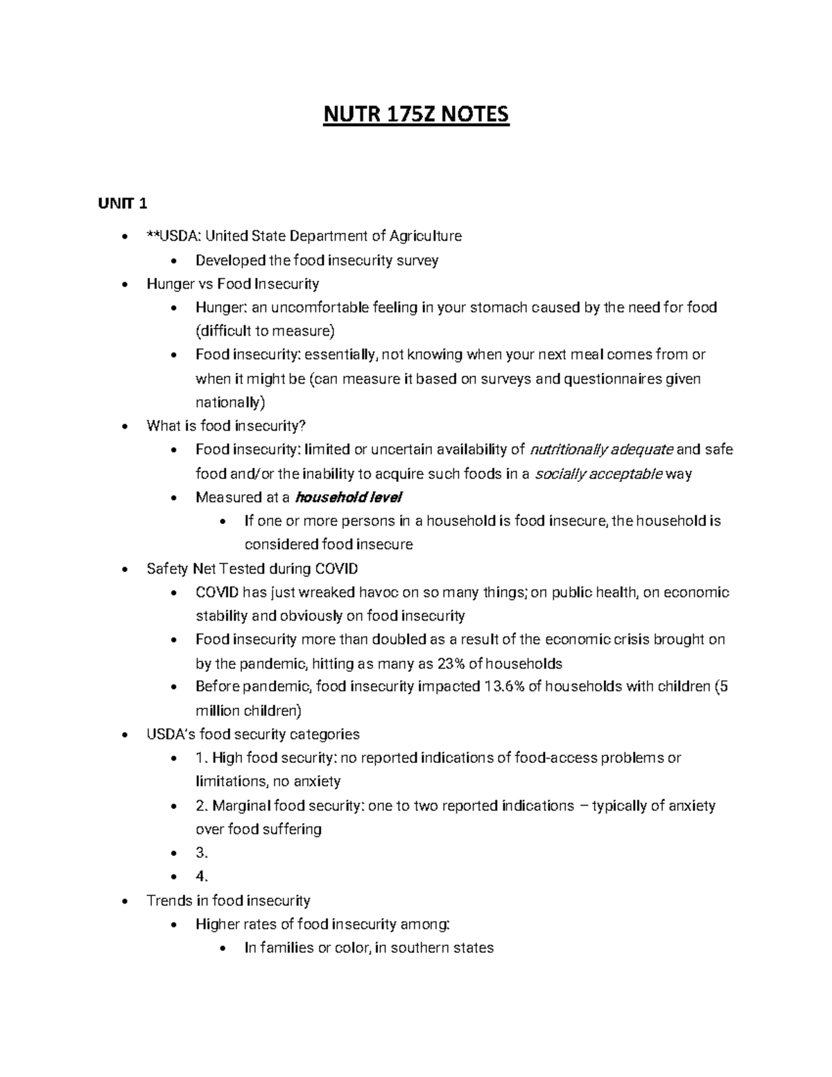 Nutrition Notes - NUTR 175Z NOTES UNIT 1 **USDA: United State ...