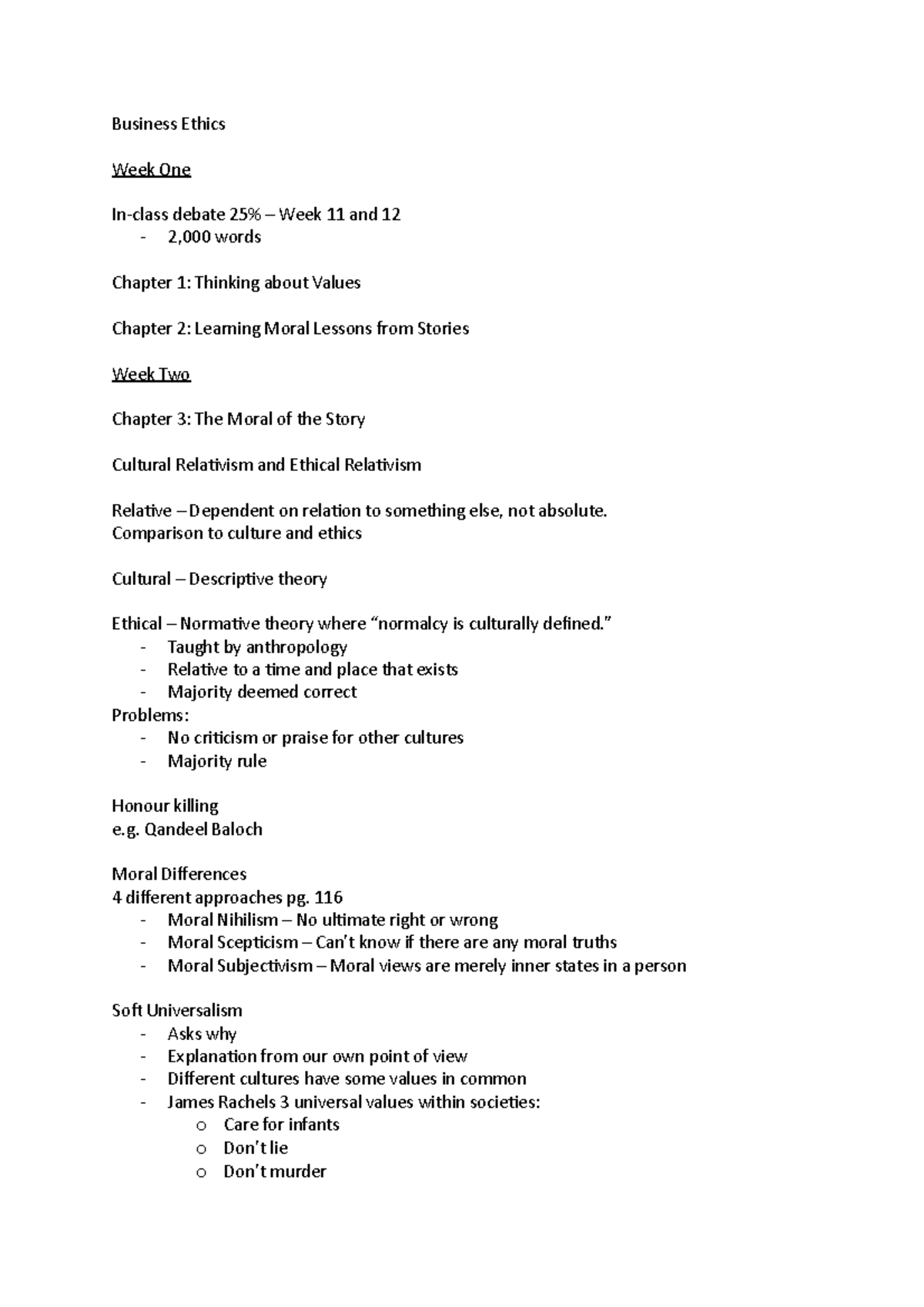 Business Ethics Notes - Business Ethics Week One In-class debate 25% ...