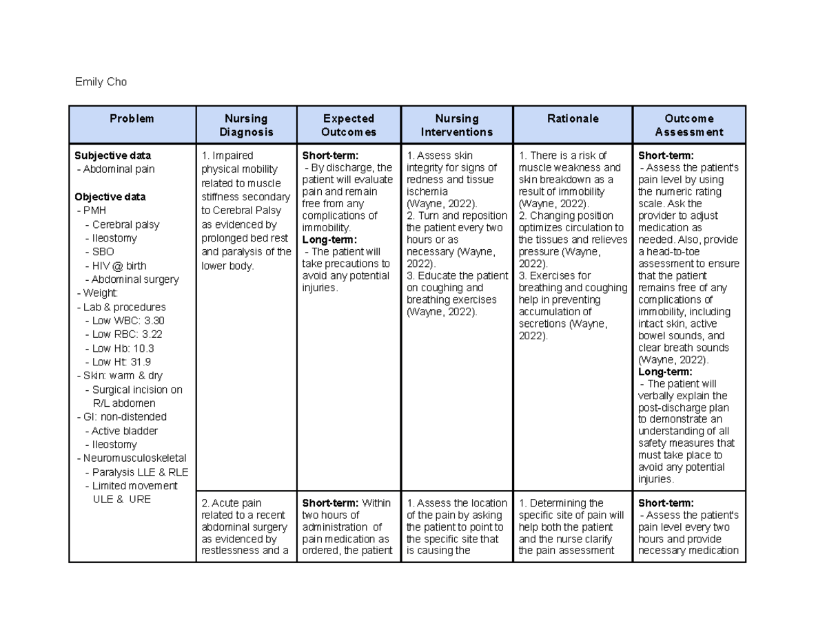 NUR 4262 - Care Plan -Homework - Emily Cho Problem Nursing Diagnosis ...